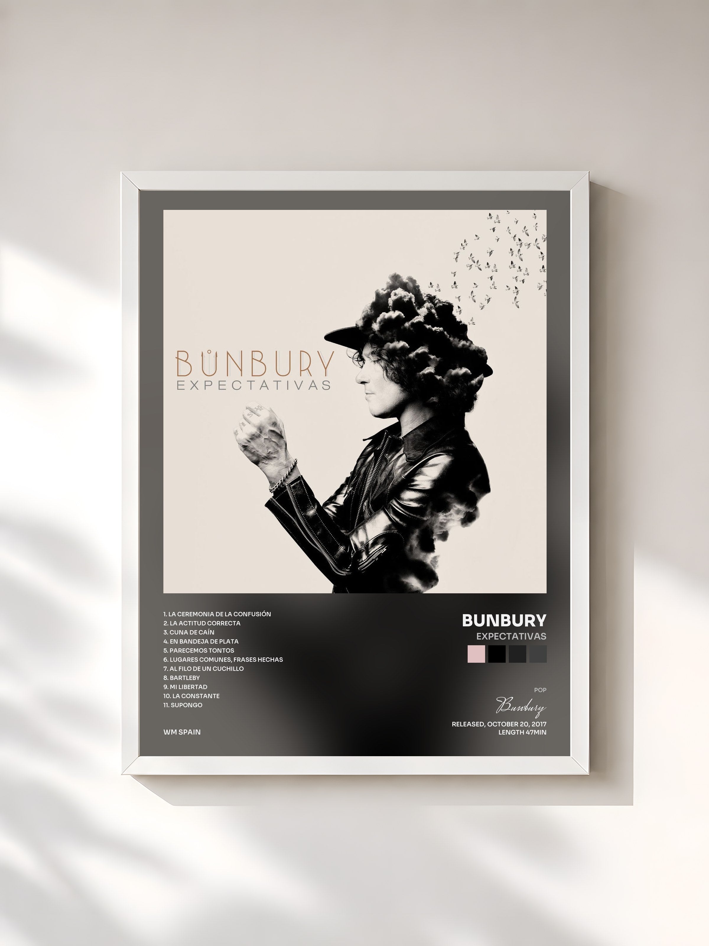 #blanc Tableau de l'album Expectativas de Bunbury, cadre blanc, imprimé et encadré en France