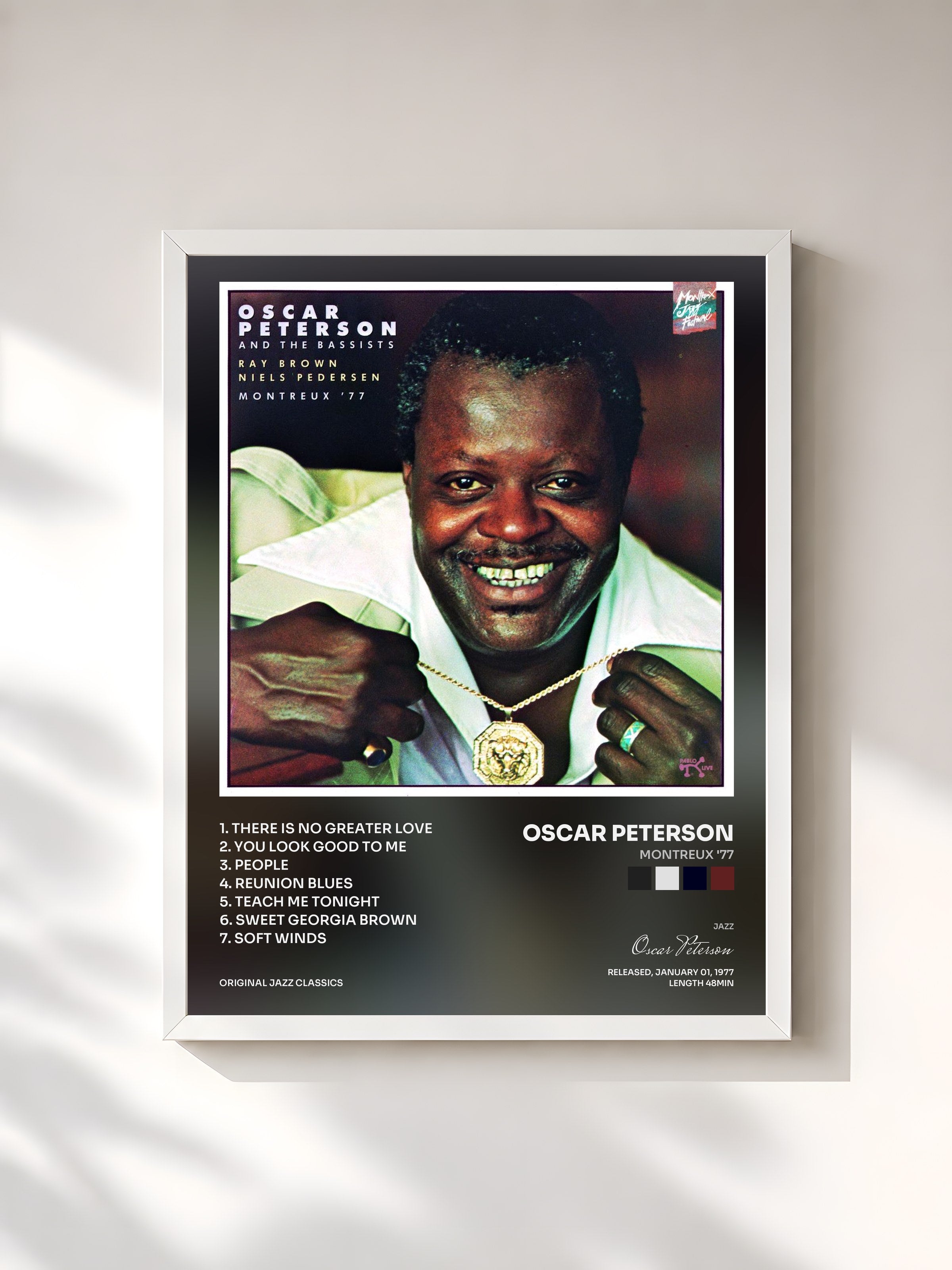 #blanc Tableau de l'album Montreux '77 de Oscar Peterson, cadre blanc, imprimé et encadré en France