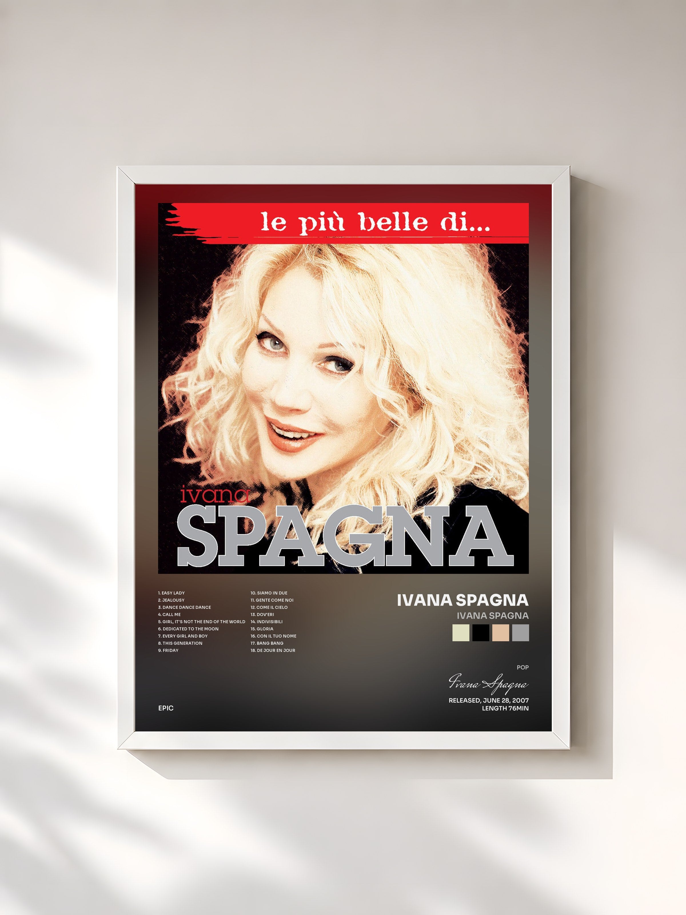 #blanc Tableau de l'album Ivana Spagna de Ivana Spagna, cadre blanc, imprimé et encadré en France