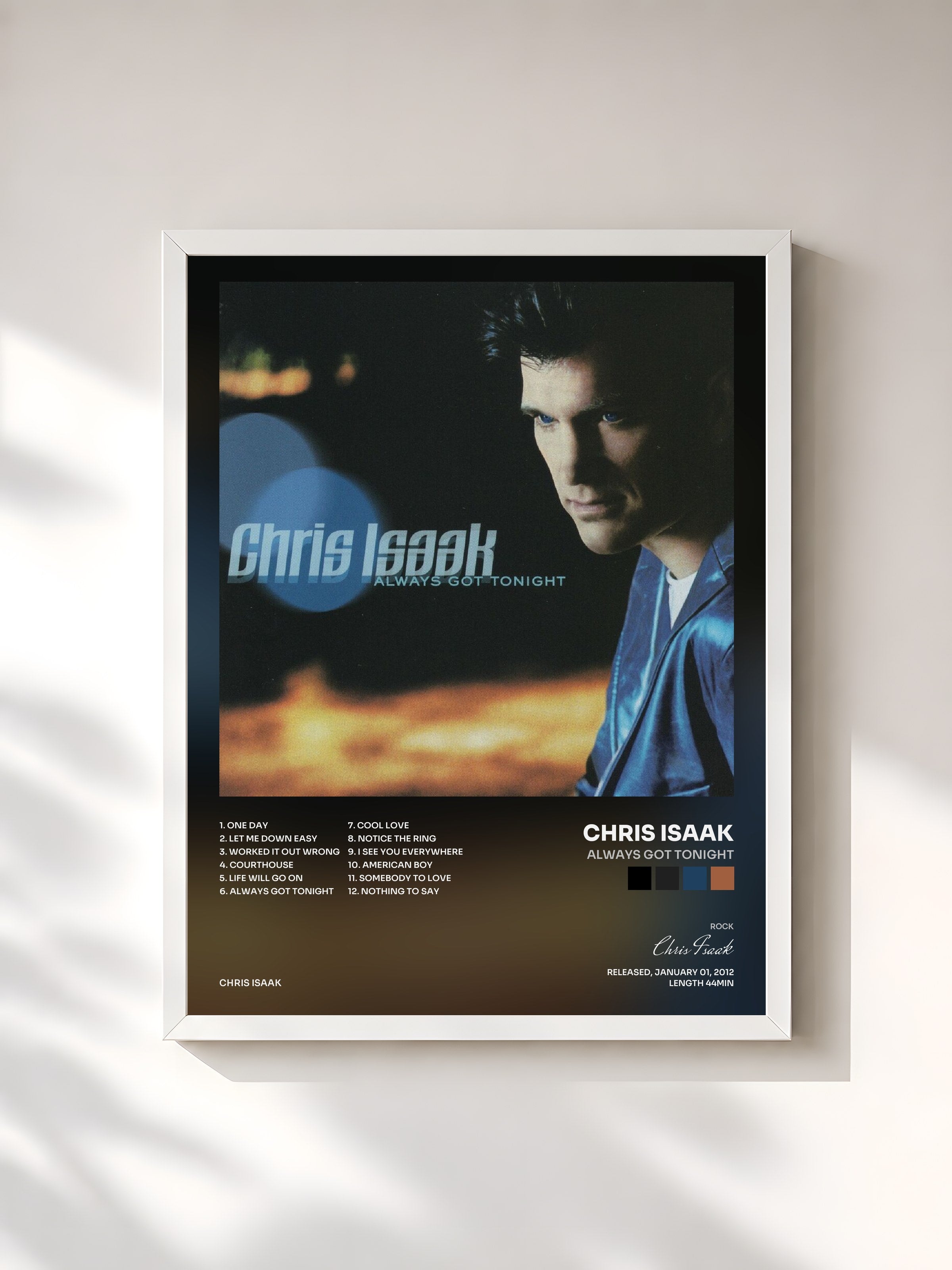 #blanc Tableau de l'album Always Got Tonight de Chris Isaak, cadre blanc, imprimé et encadré en France
