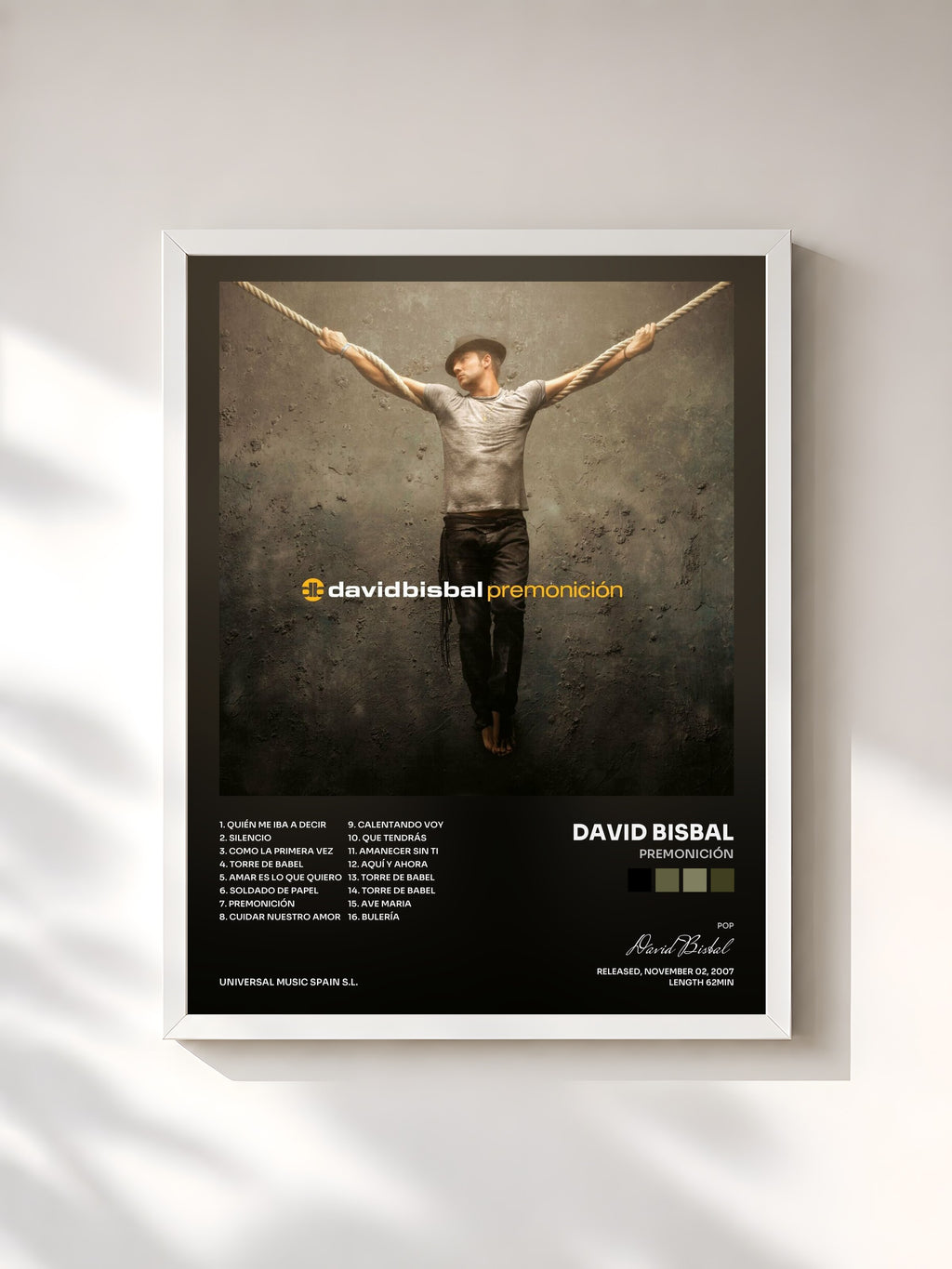 #blanc Tableau de l'album Premonición de David Bisbal, cadre blanc, imprimé et encadré en France