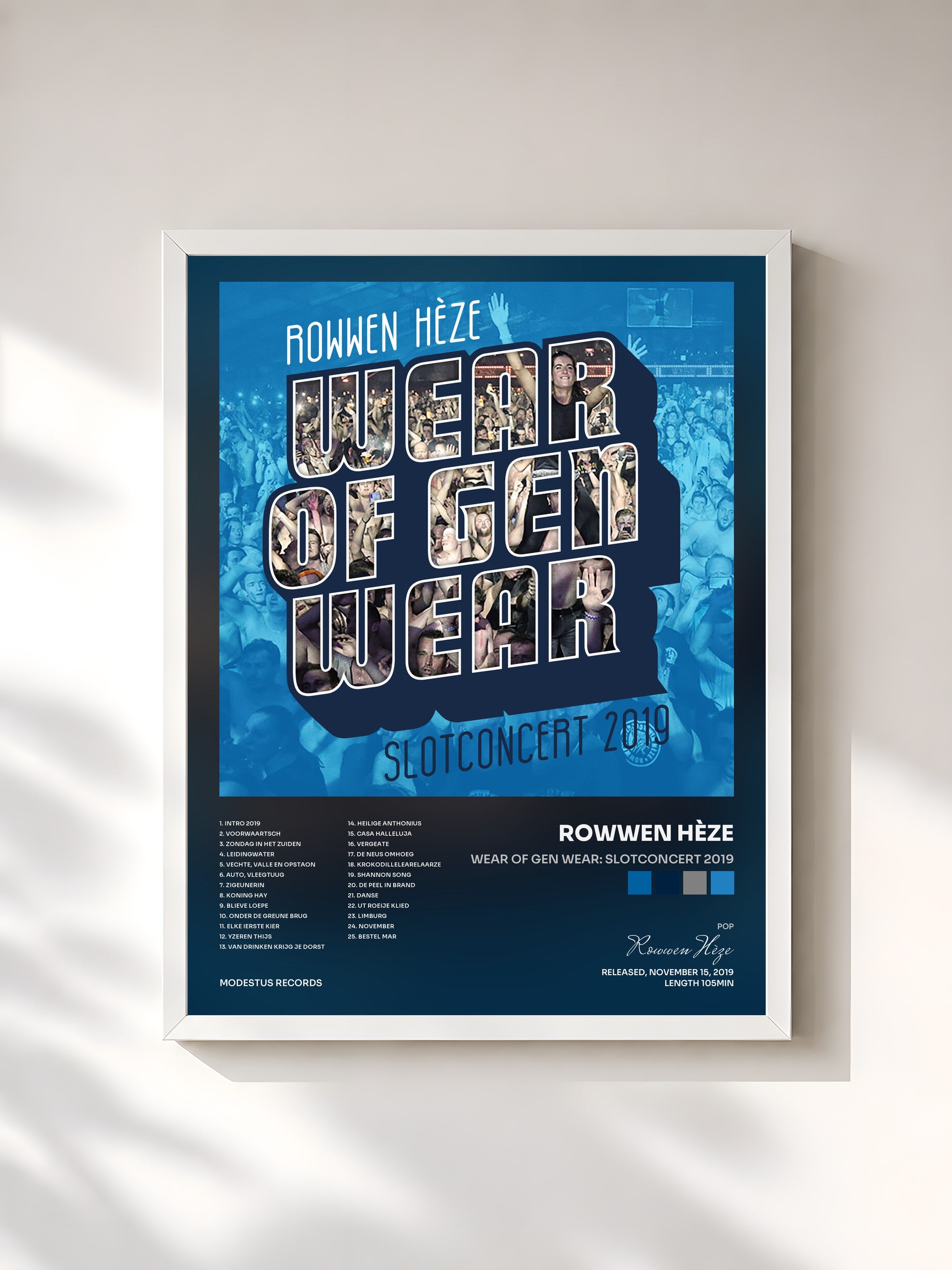 #blanc Tableau de l'album Wear Of Gen Wear: Slotconcert 2019 de Rowwen Hèze, cadre blanc, imprimé et encadré en France