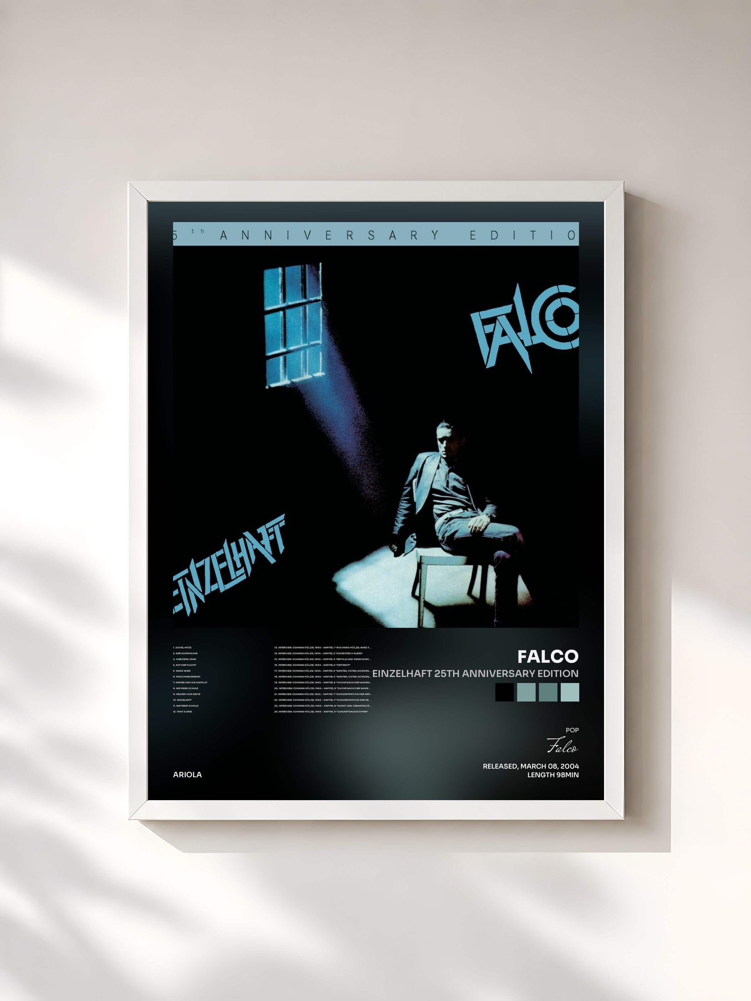 #blanc Tableau de l'album Einzelhaft 25th Anniversary Edition de Falco, cadre blanc, imprimé et encadré en France