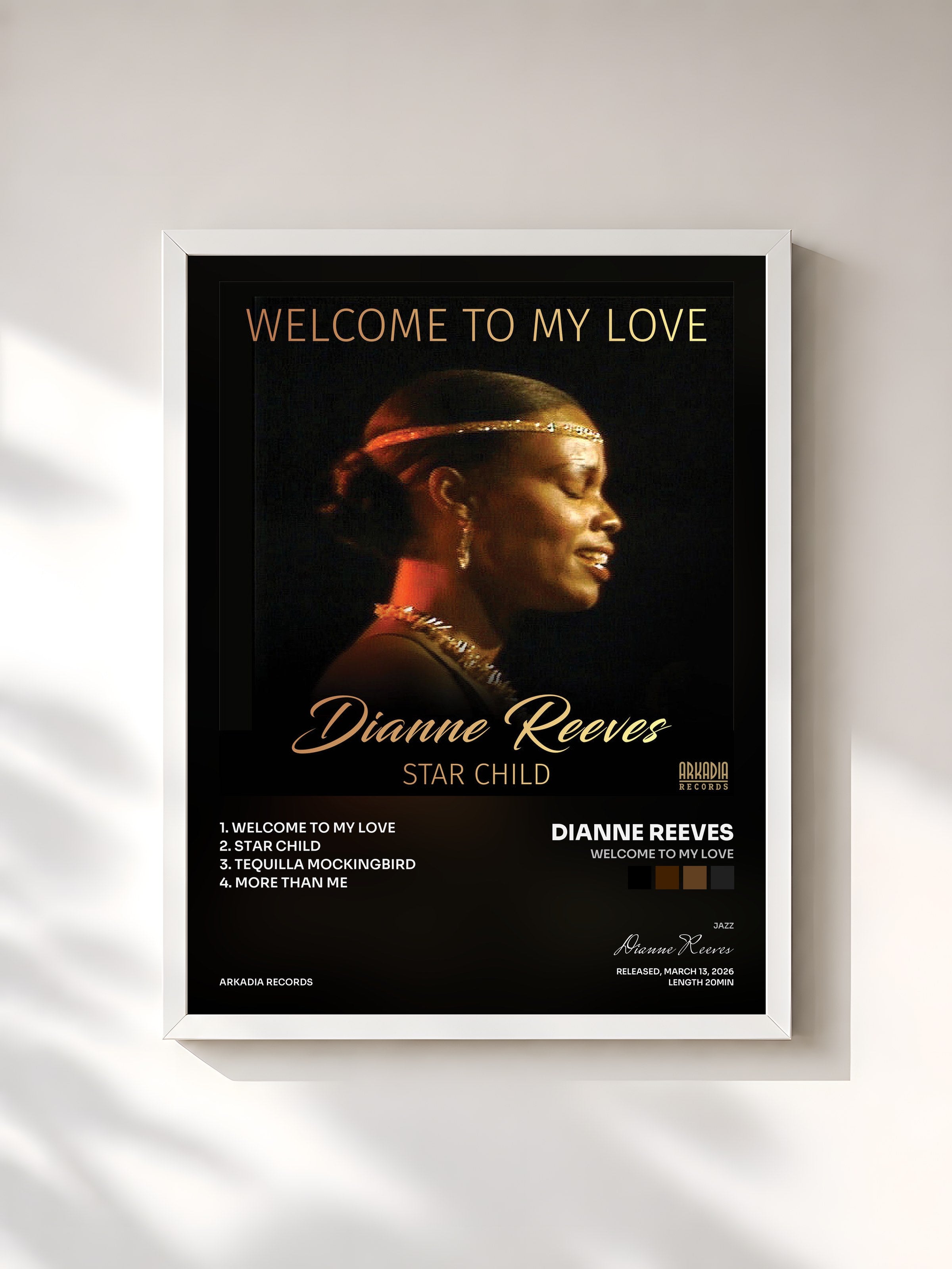 #blanc Tableau de l'album Welcome To My Love de Dianne Reeves, cadre blanc, imprimé et encadré en France