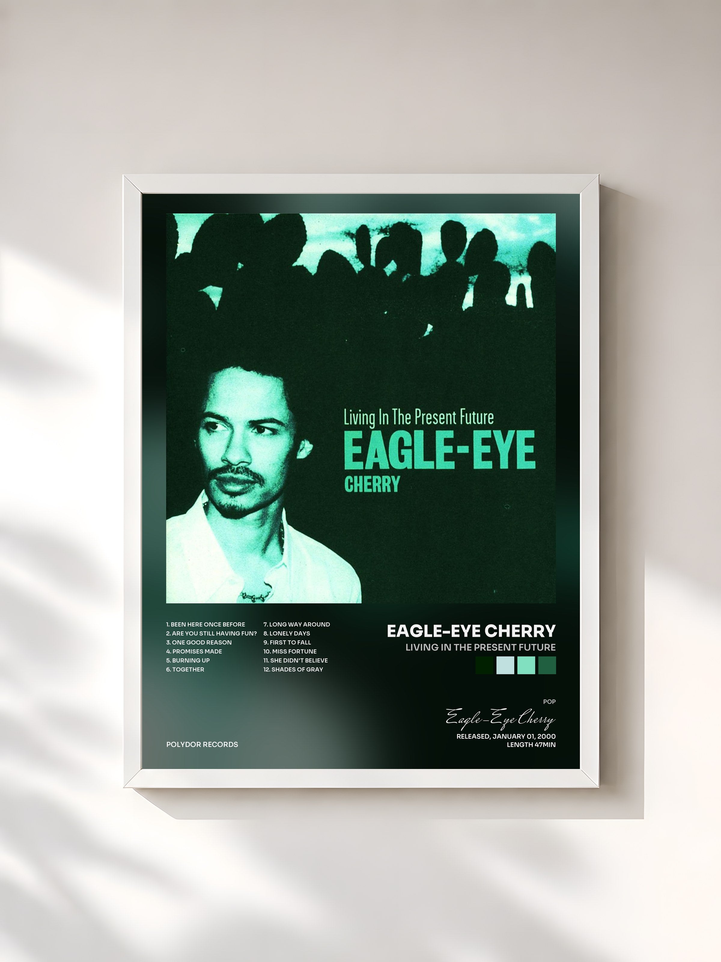 #blanc Tableau de l'album Living In The Present Future de Eagle-Eye Cherry, cadre blanc, imprimé et encadré en France