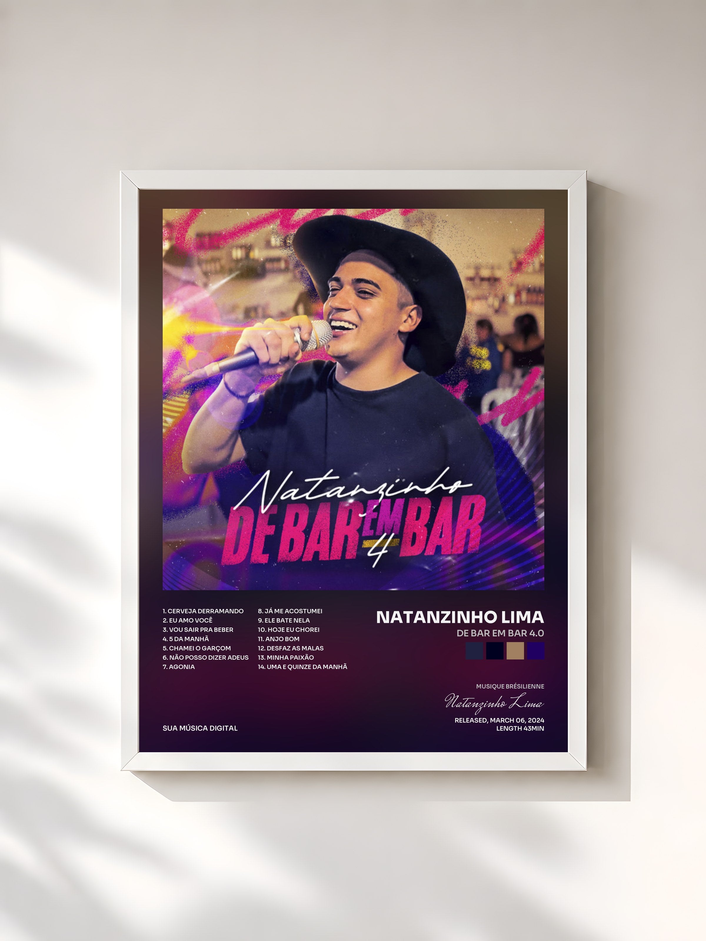 #blanc Tableau de l'album De Bar em Bar 4.0 de Natanzinho Lima, cadre blanc, imprimé et encadré en France