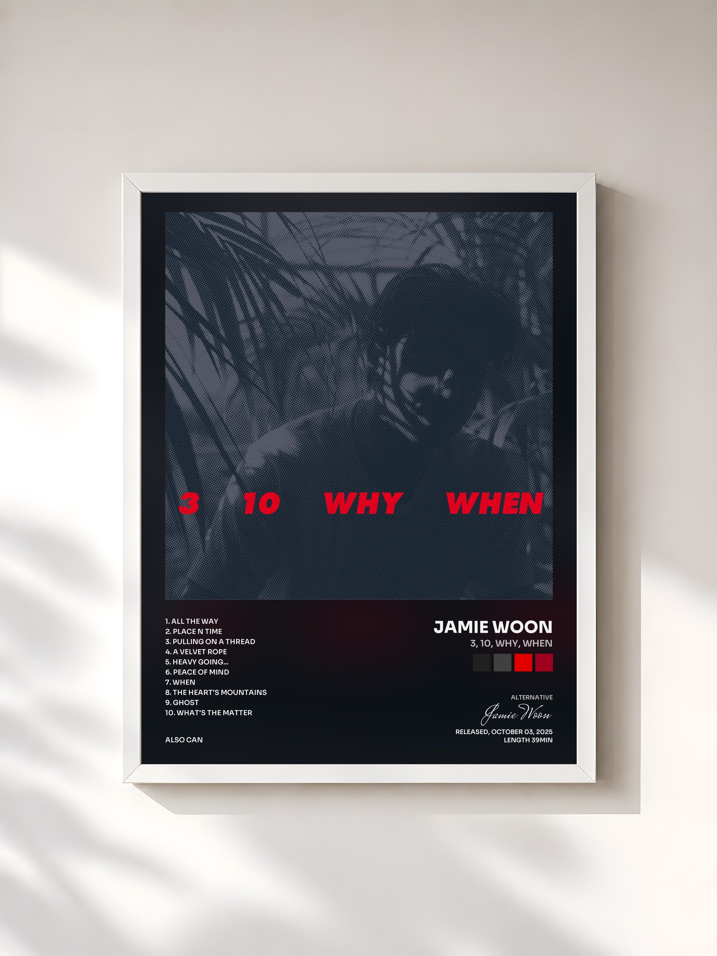 #blanc Tableau de l'album 3, 10, Why, When de Jamie Woon, cadre blanc, imprimé et encadré en France