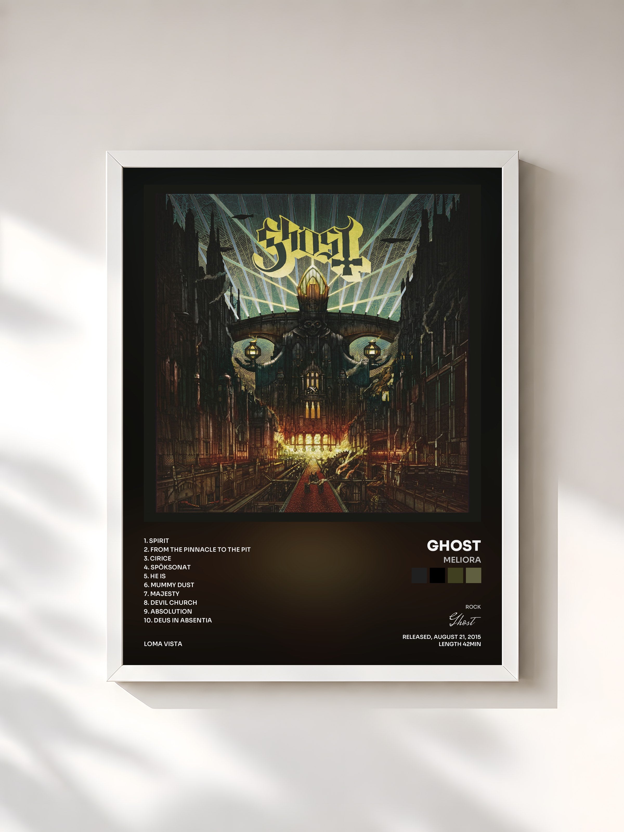 #blanc Tableau de l'album Meliora de Ghost, cadre blanc, imprimé et encadré en France
