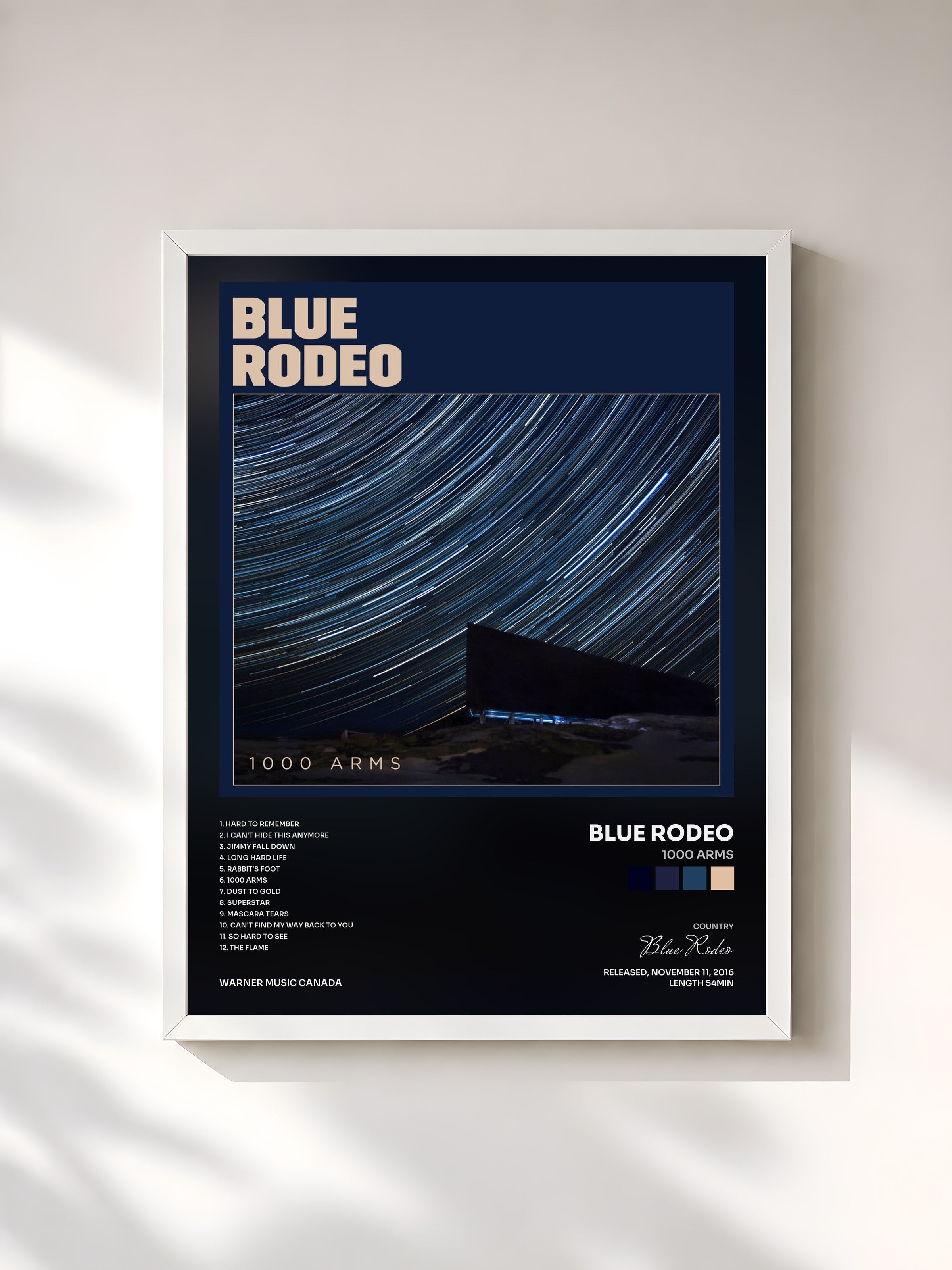 #blanc Tableau de l'album 1000 Arms de Blue Rodeo, cadre blanc, imprimé et encadré en France