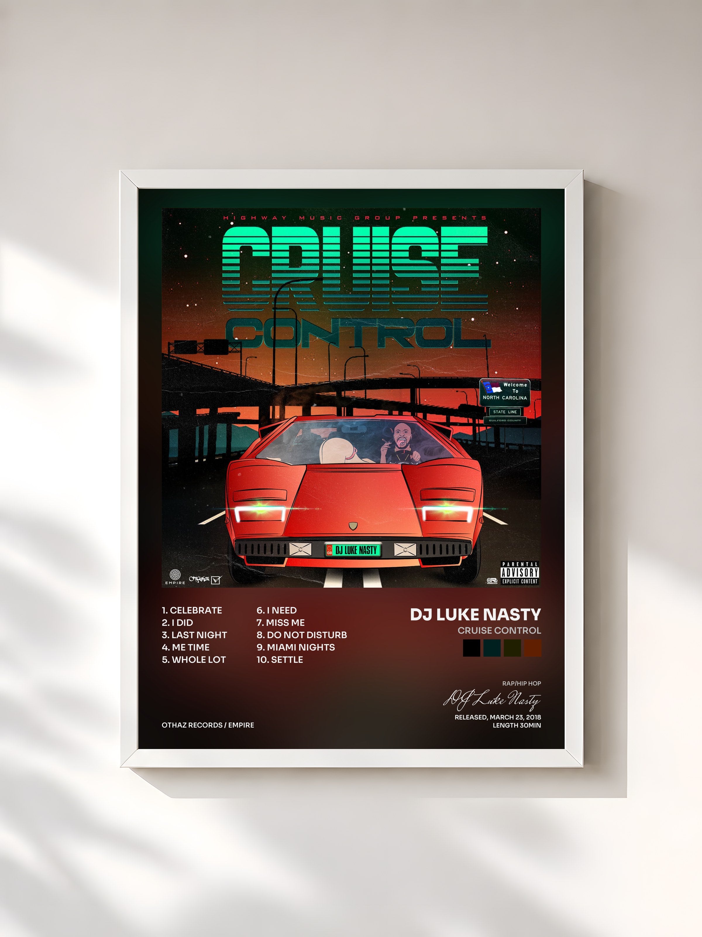 #blanc Tableau de l'album Cruise Control de DJ Luke Nasty, cadre blanc, imprimé et encadré en France