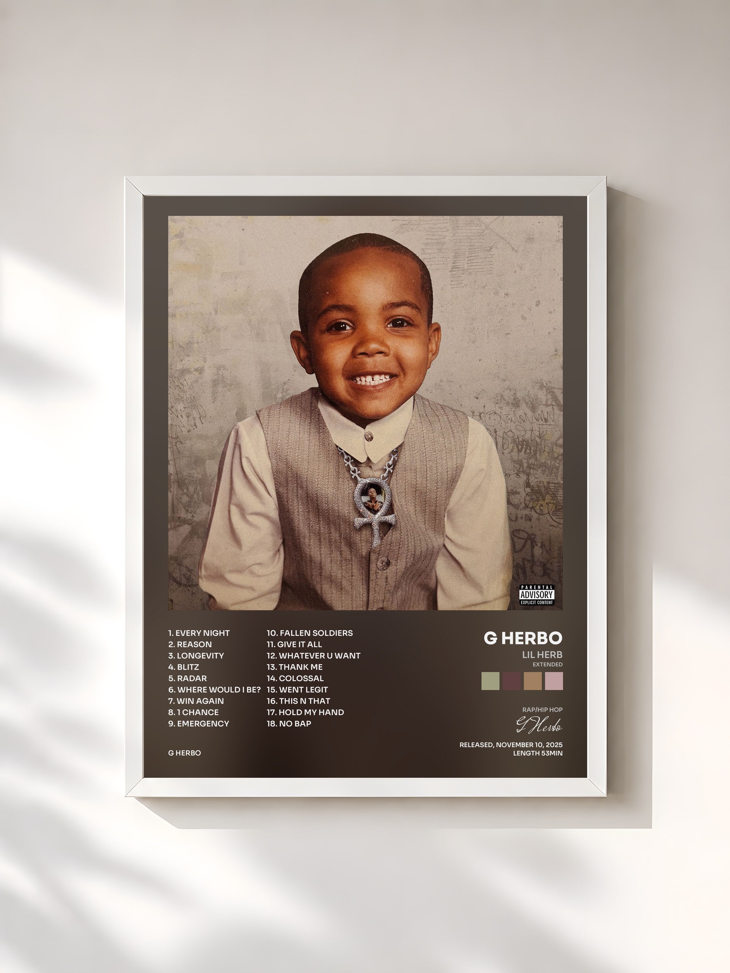 #blanc Tableau de l'album Lil Herb (Extended) de G Herbo, cadre blanc, imprimé et encadré en France