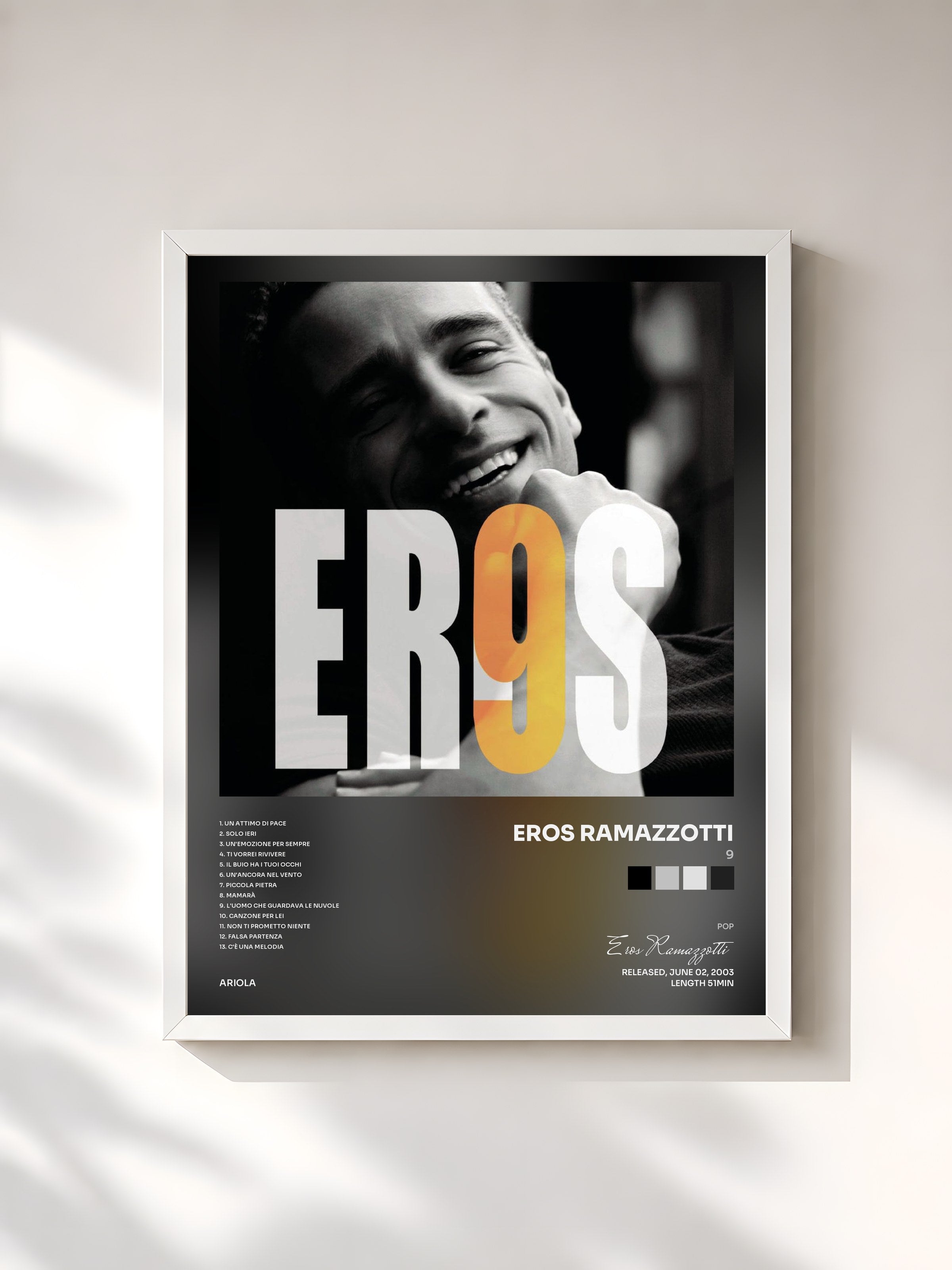 #blanc Tableau de l'album 9 de Eros Ramazzotti, cadre blanc, imprimé et encadré en France