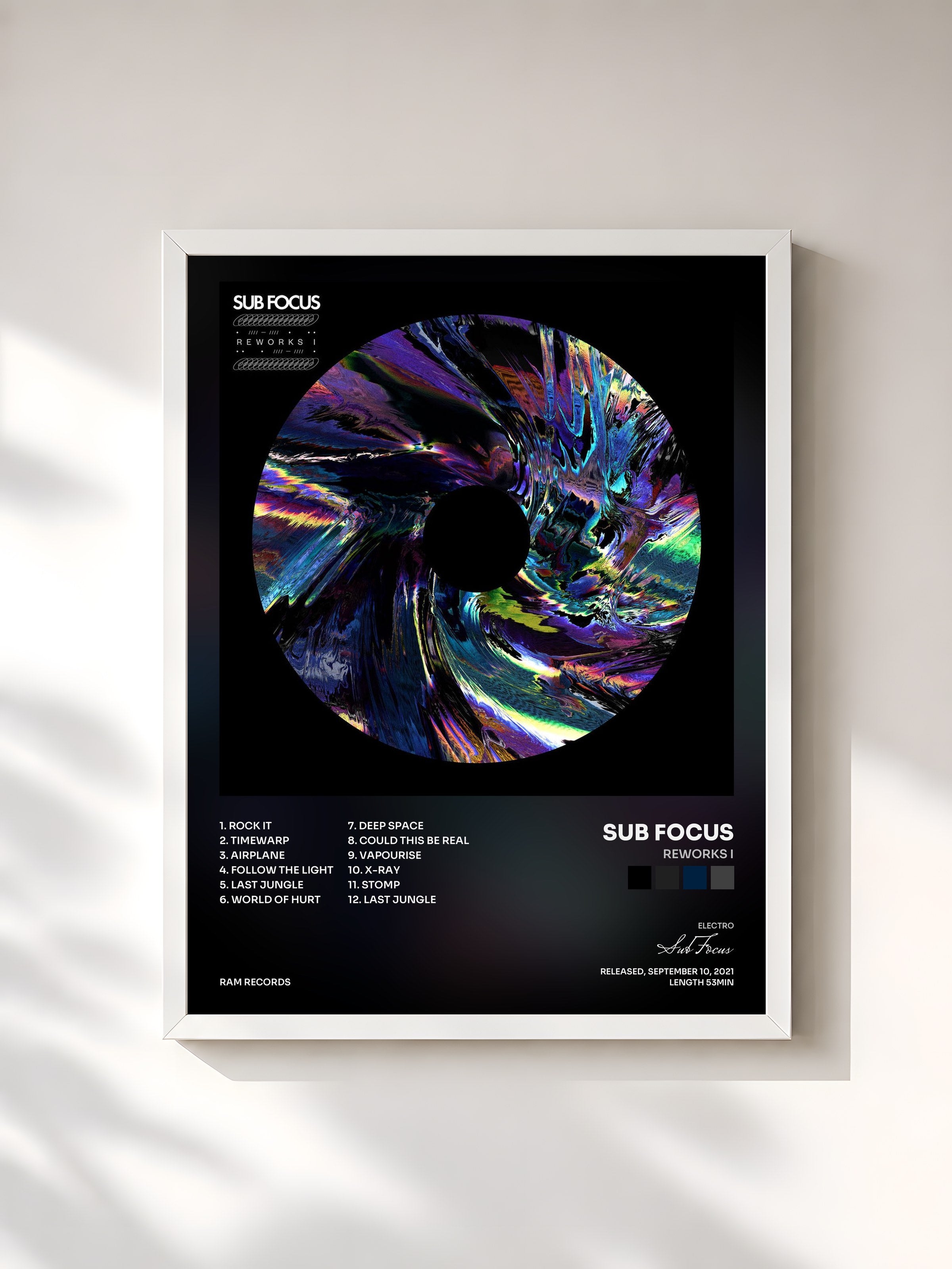 #blanc Tableau de l'album Reworks I de Sub Focus, cadre blanc, imprimé et encadré en France