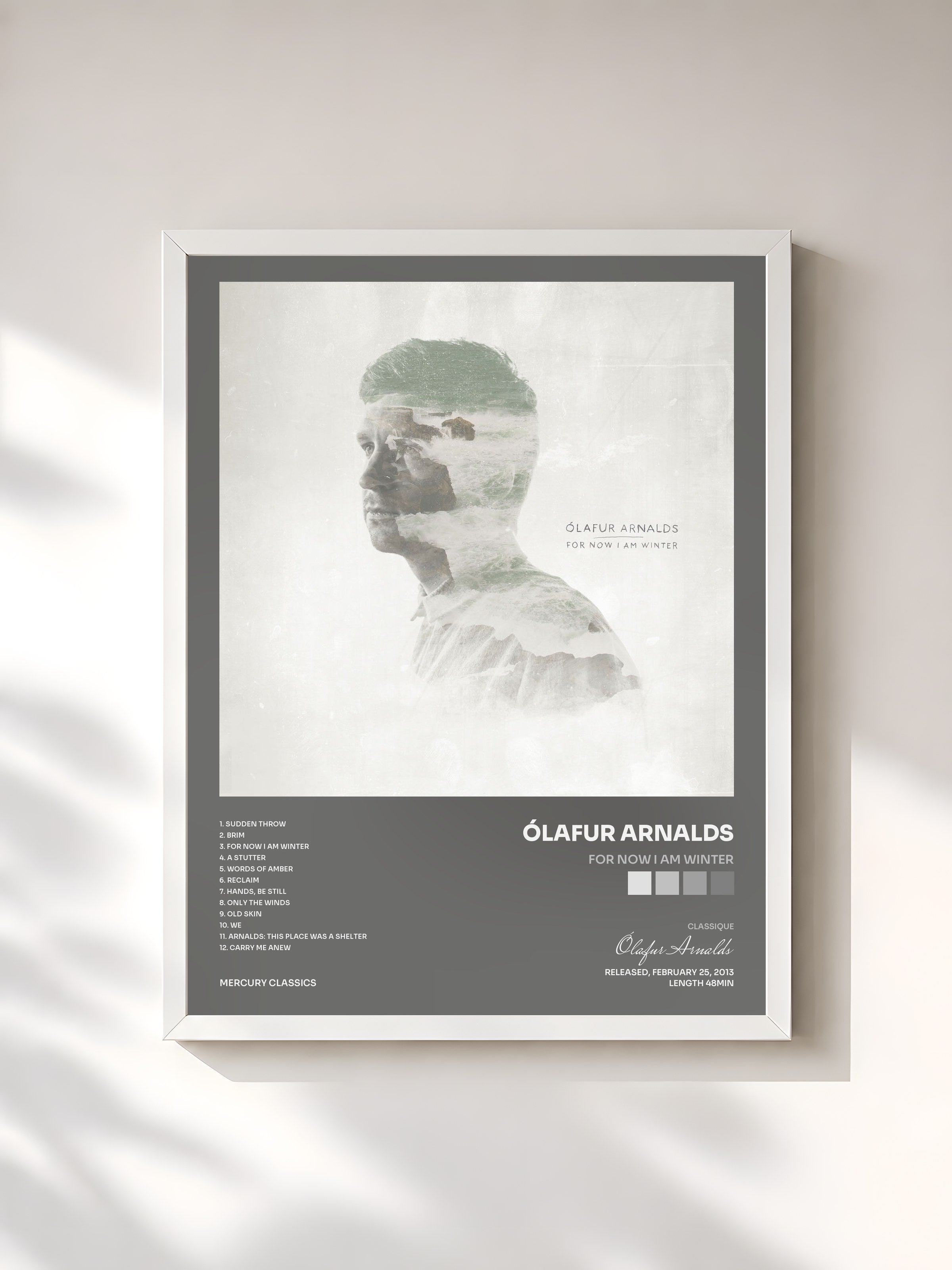 #blanc Tableau de l'album For Now I Am Winter de Ólafur Arnalds, cadre blanc, imprimé et encadré en France