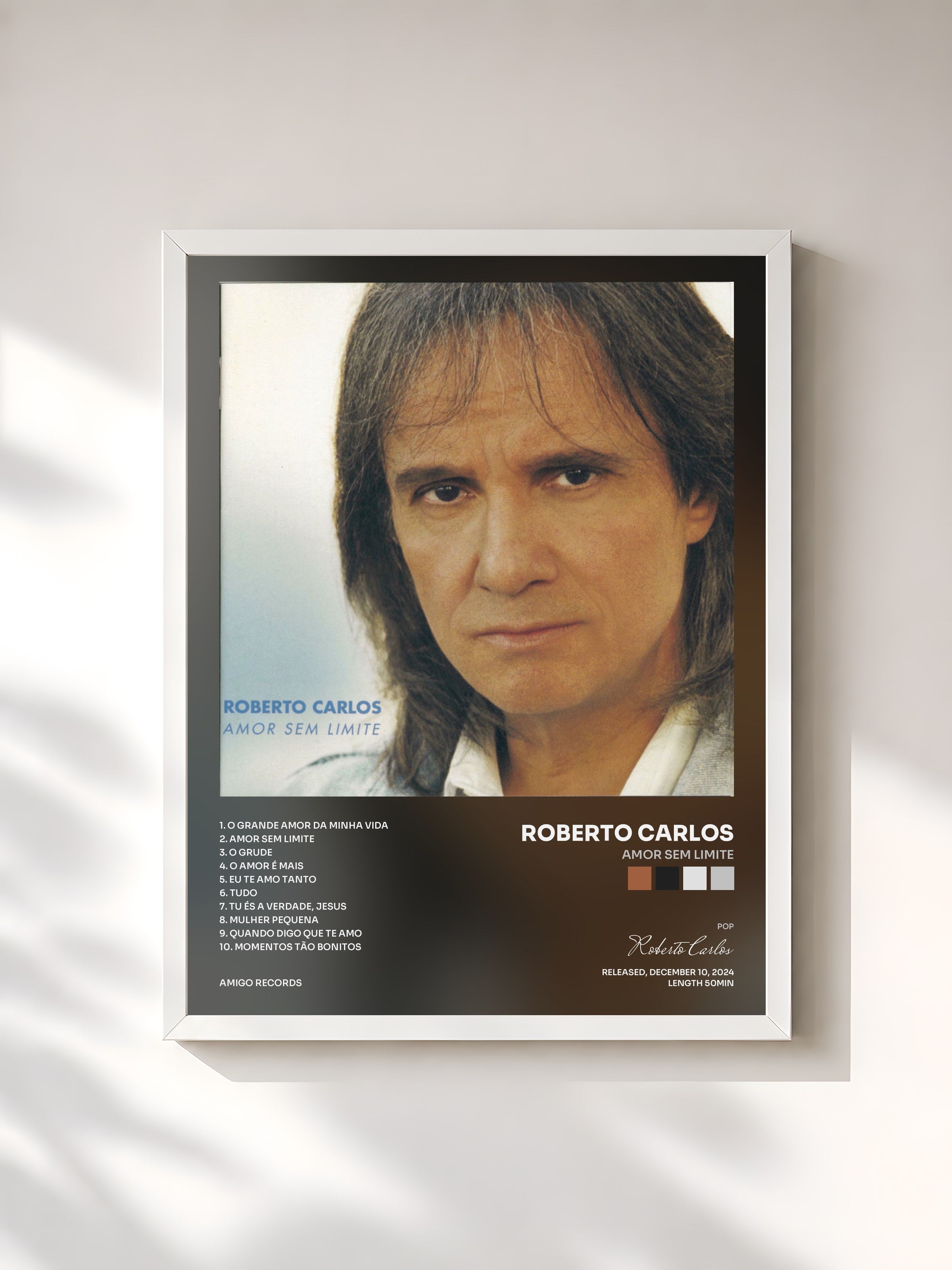 #blanc Tableau de l'album Amor Sem Limite de Roberto Carlos, cadre blanc, imprimé et encadré en France