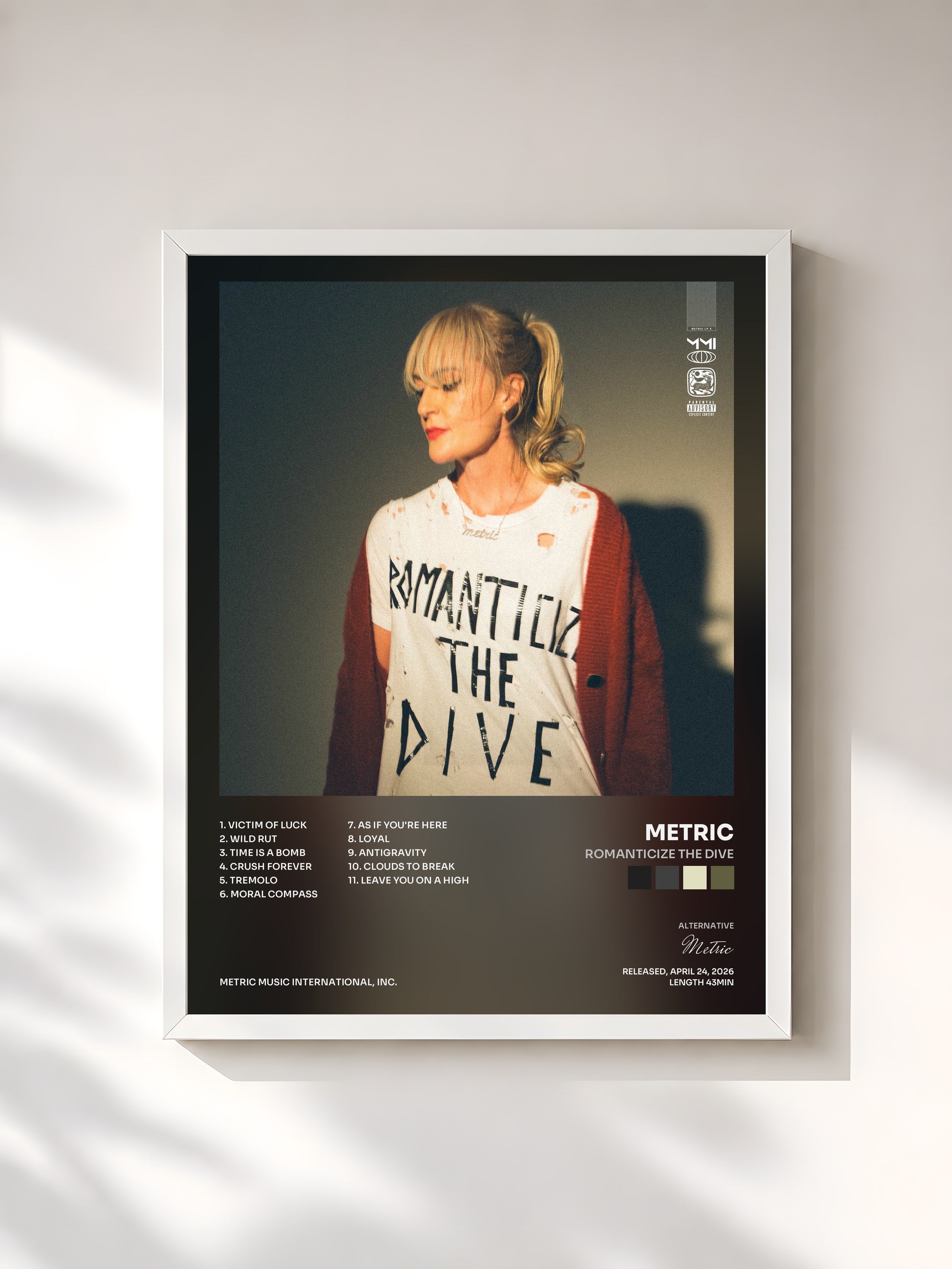 #blanc Tableau de l'album Romanticize The Dive de Metric, cadre blanc, imprimé et encadré en France