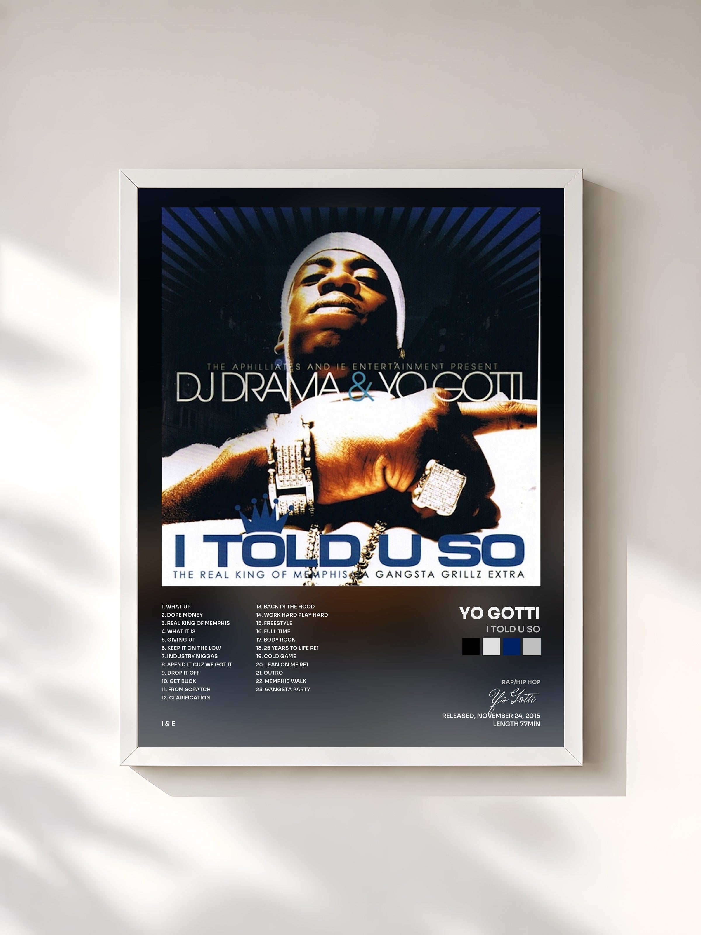 #blanc Tableau de l'album I Told U So de Yo Gotti, cadre blanc, imprimé et encadré en France