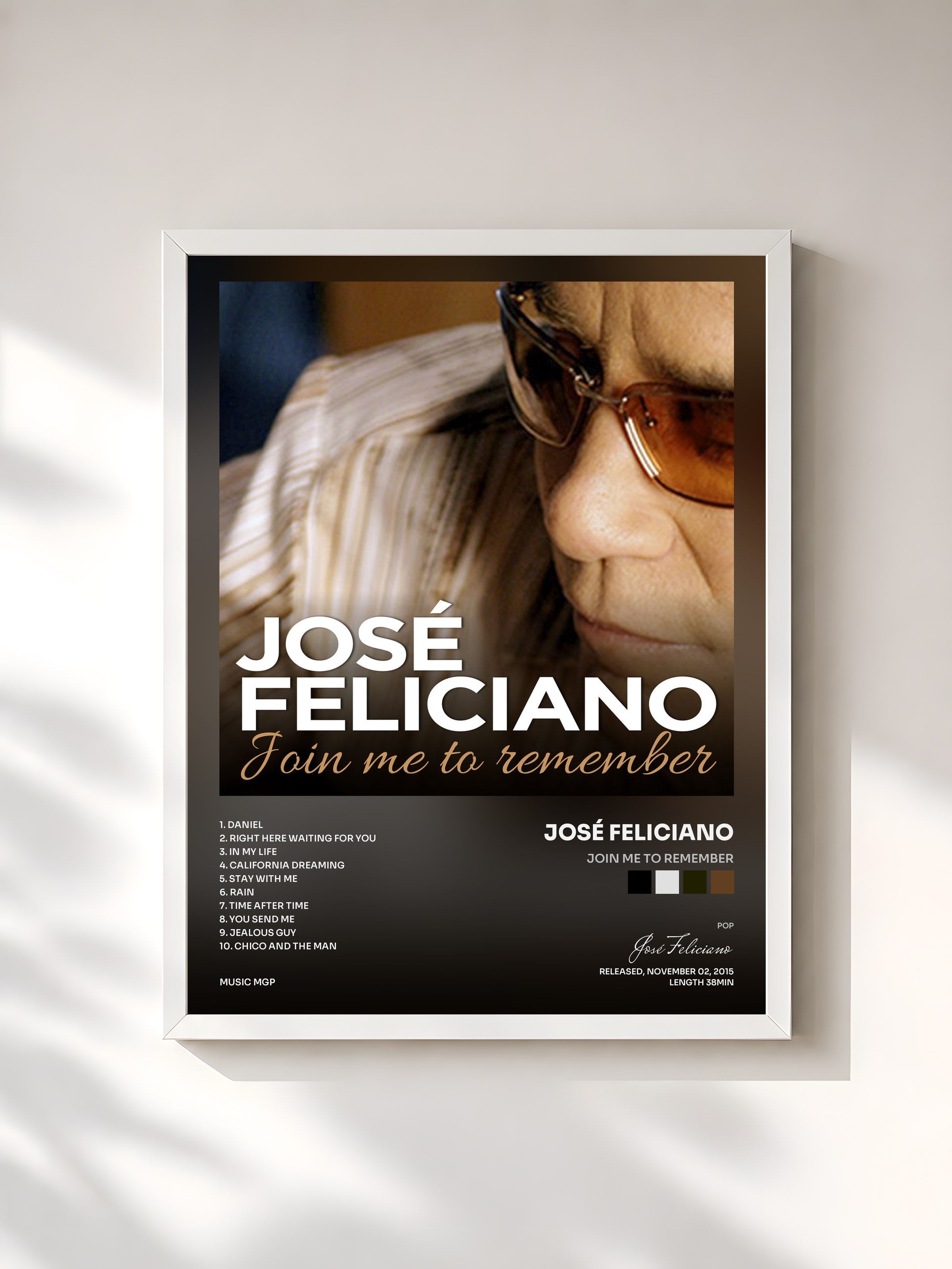 #blanc Tableau de l'album Join Me to Remember de José Feliciano, cadre blanc, imprimé et encadré en France