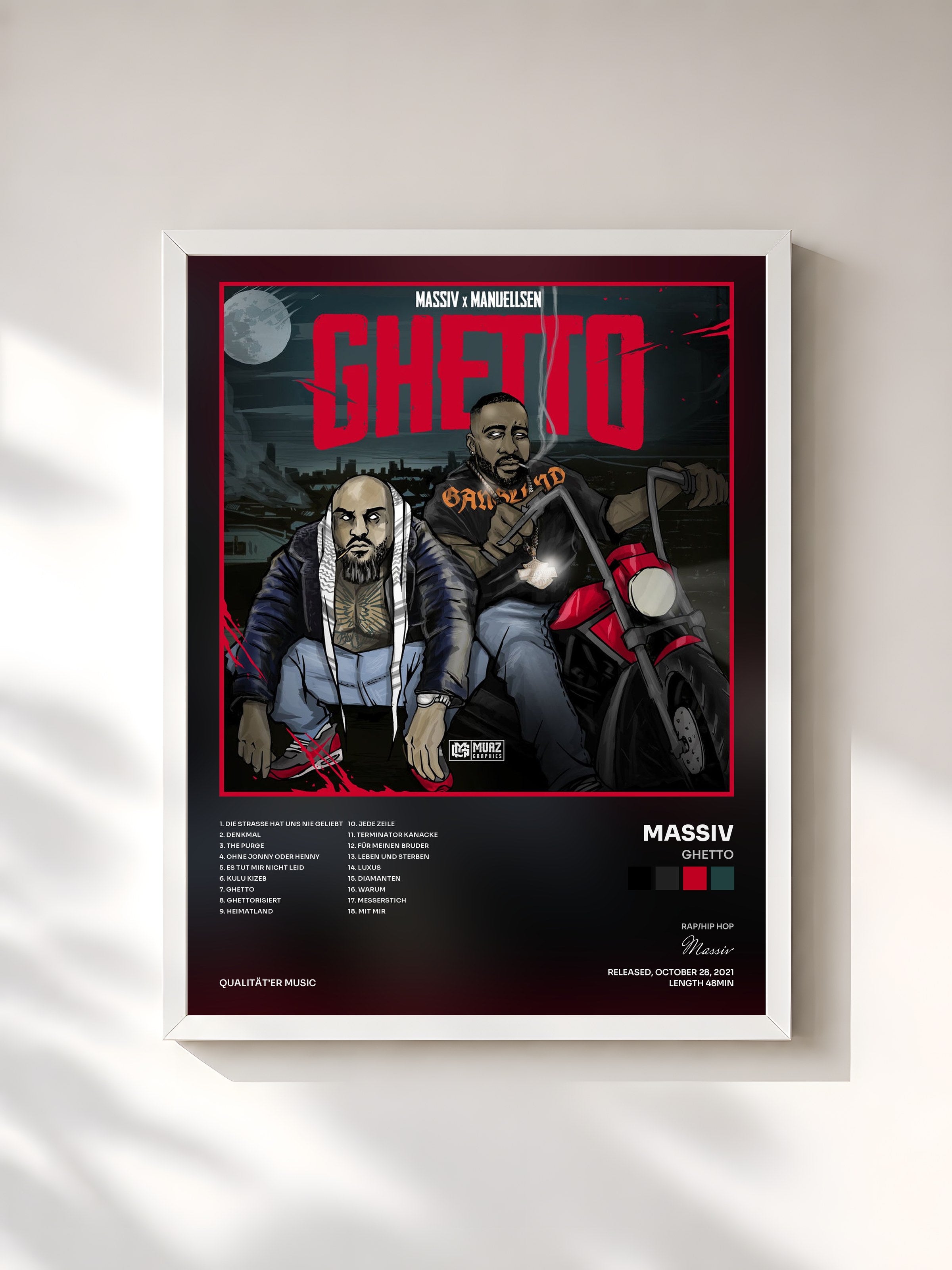 #blanc Tableau de l'album GHETTO de Massiv, cadre blanc, imprimé et encadré en France