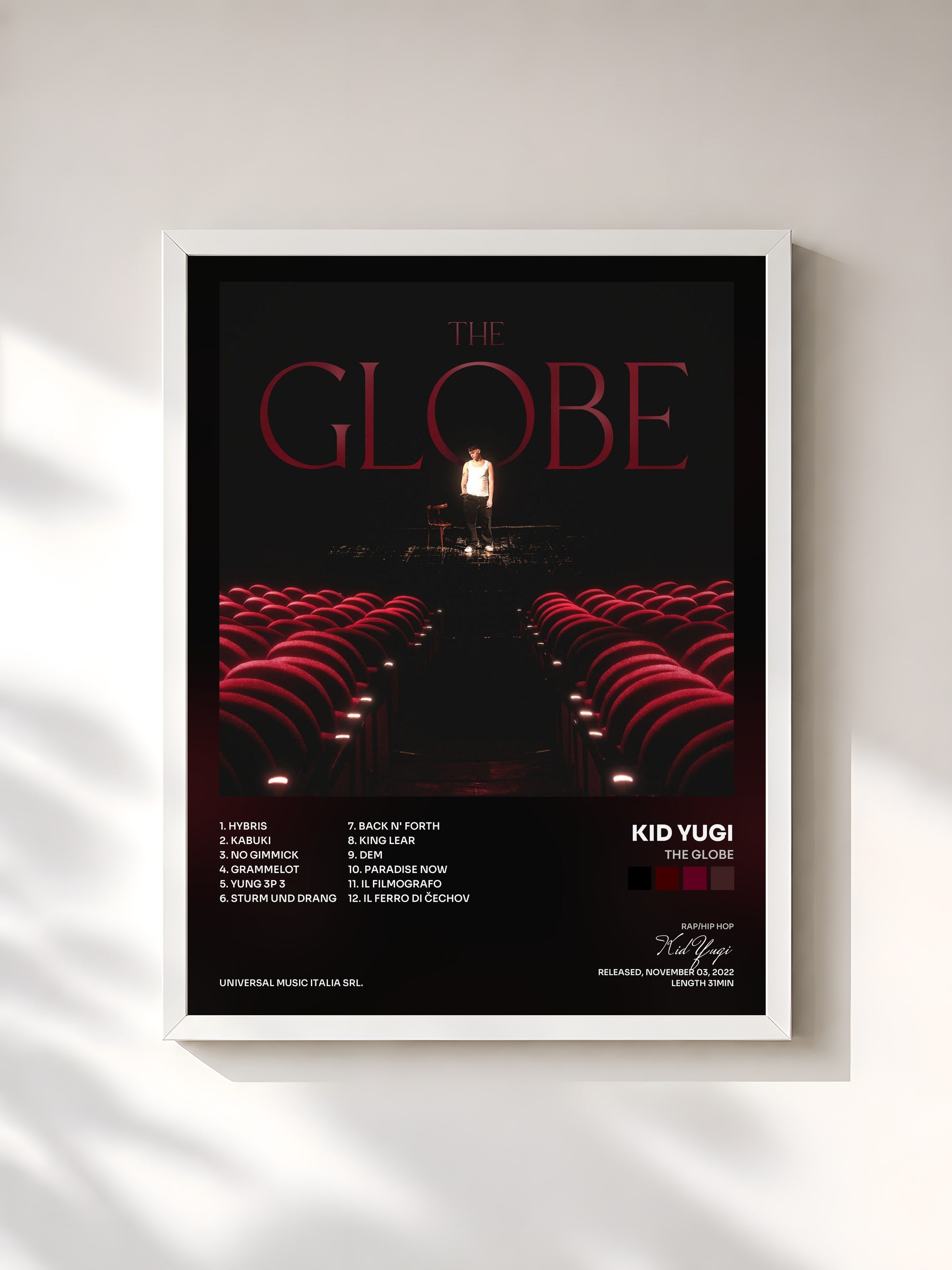 #blanc Tableau de l'album The Globe de Kid Yugi, cadre blanc, imprimé et encadré en France