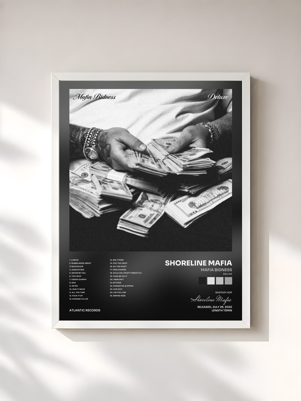 #blanc Tableau de l'album Mafia Bidness (Deluxe) de Shoreline Mafia, cadre blanc, imprimé et encadré en France