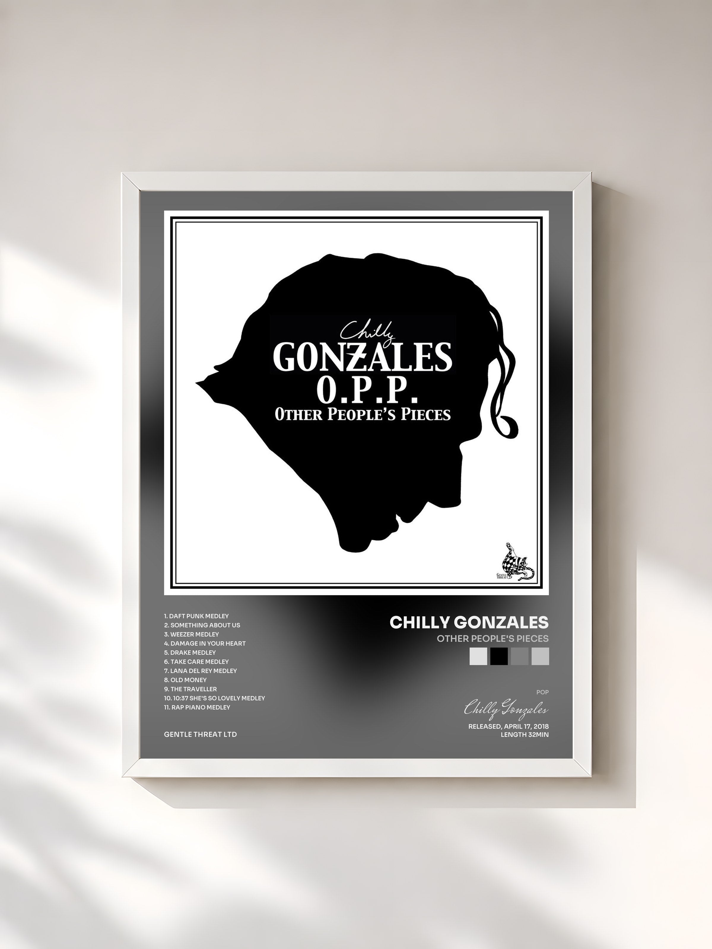 #blanc Tableau de l'album Other People's Pieces de Chilly Gonzales, cadre blanc, imprimé et encadré en France