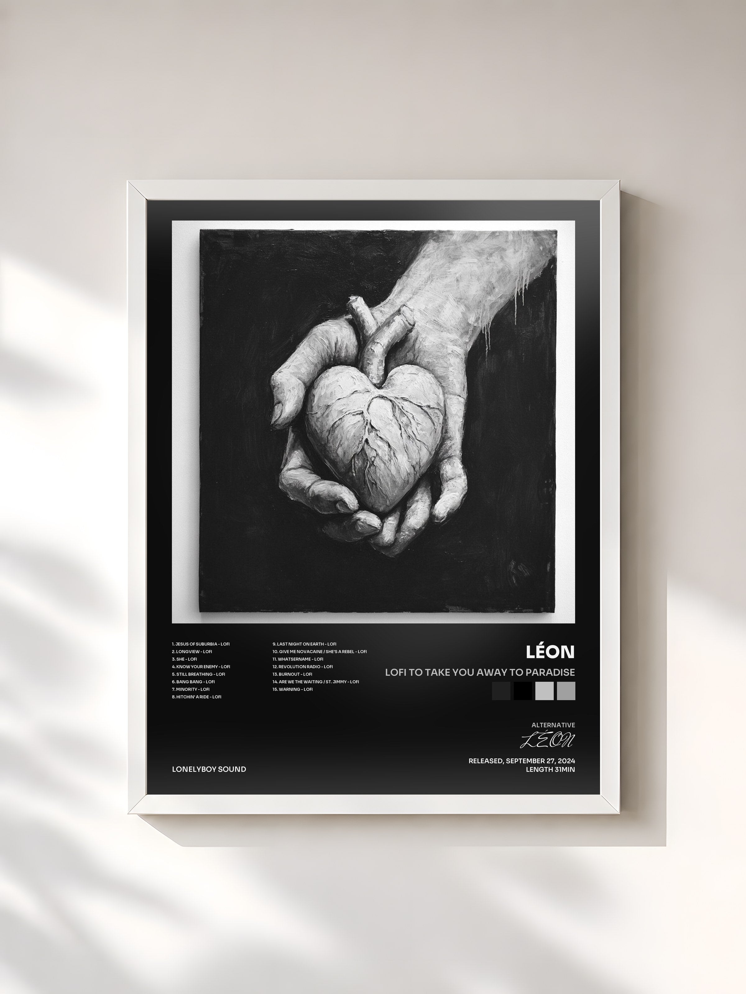 #blanc Tableau de l'album lofi to take you away to paradise de LÉON, cadre blanc, imprimé et encadré en France
