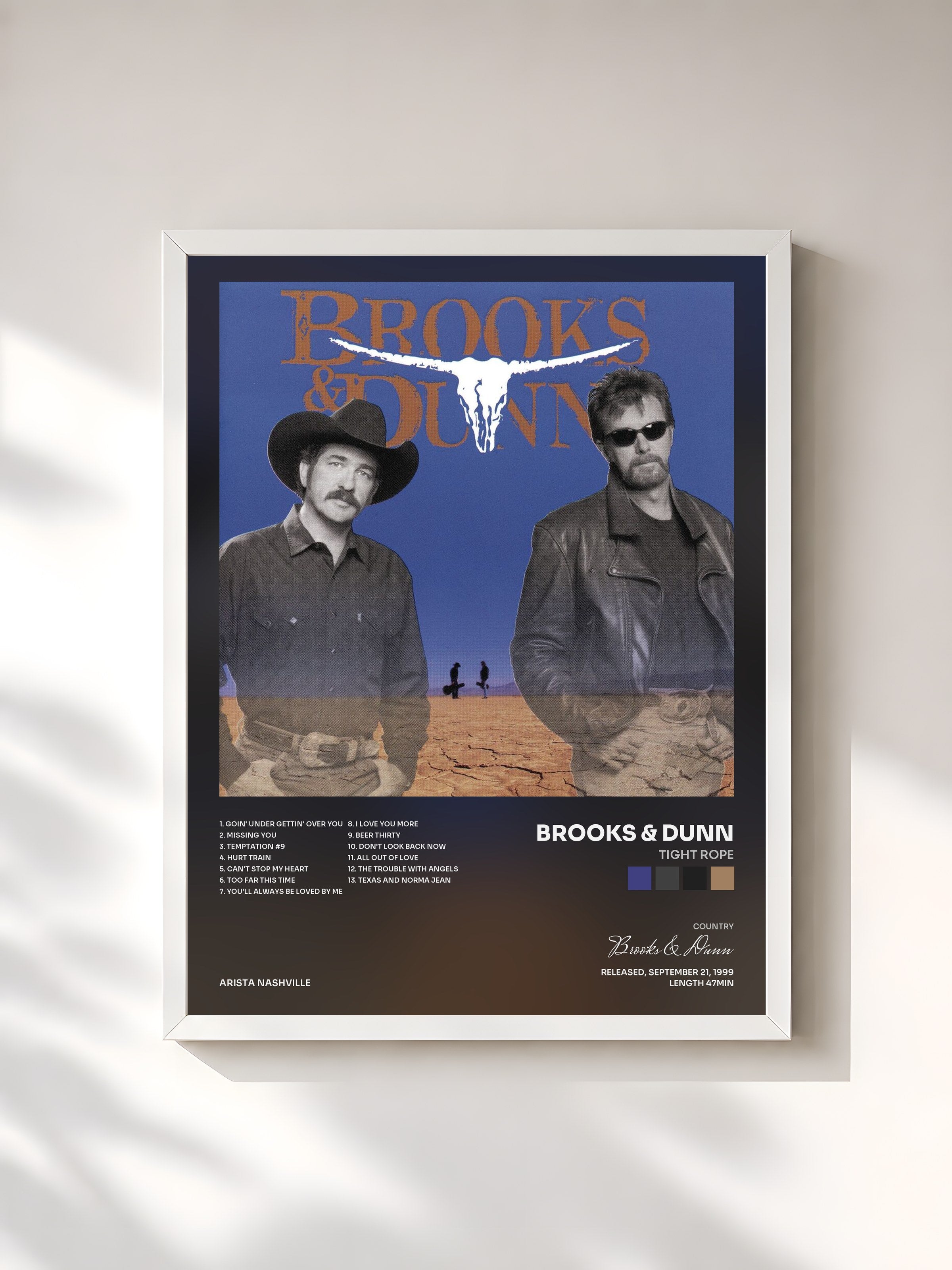 #blanc Tableau de l'album Tight Rope de Brooks & Dunn, cadre blanc, imprimé et encadré en France