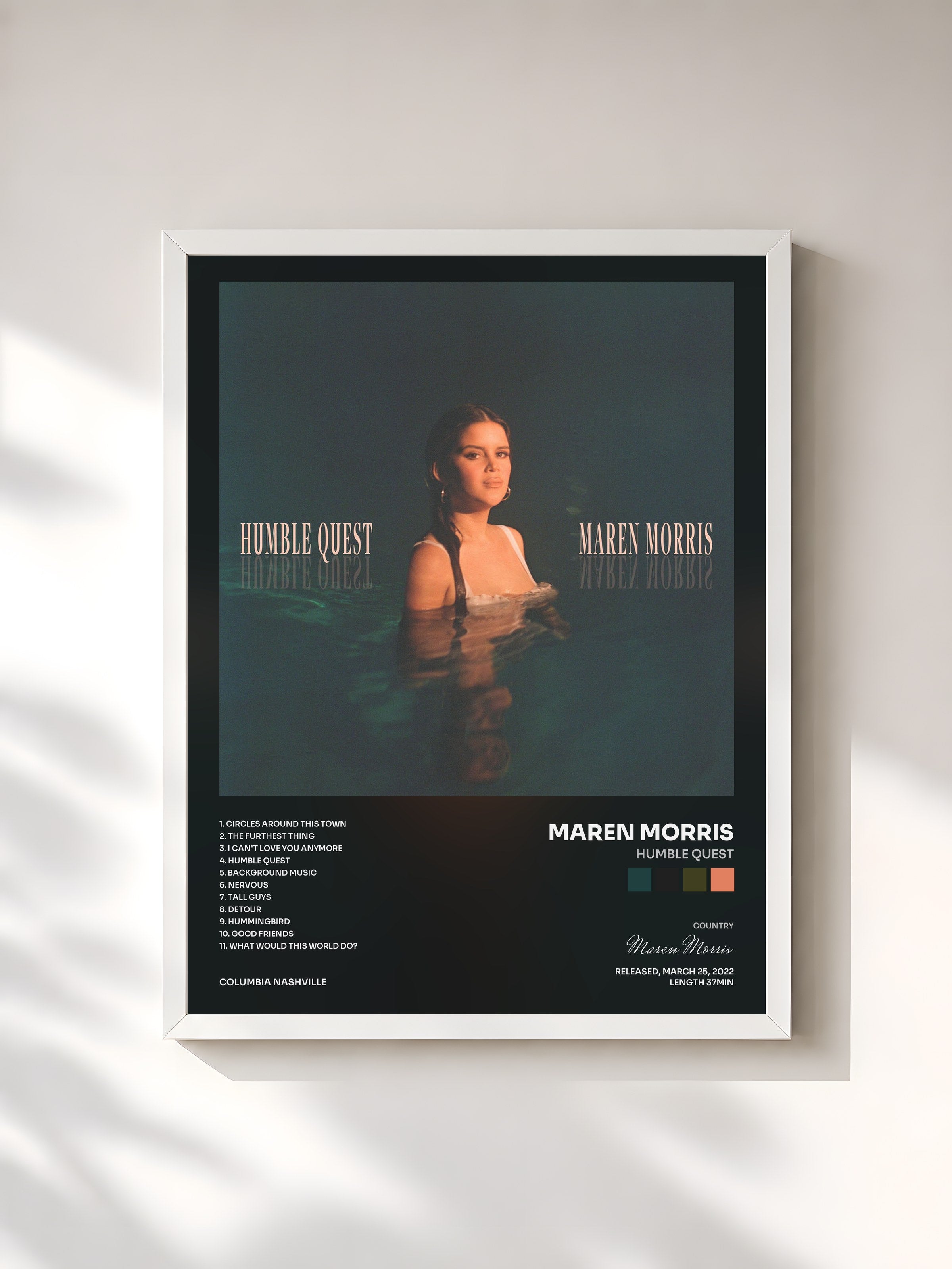 #blanc Tableau de l'album Humble Quest de Maren Morris, cadre blanc, imprimé et encadré en France