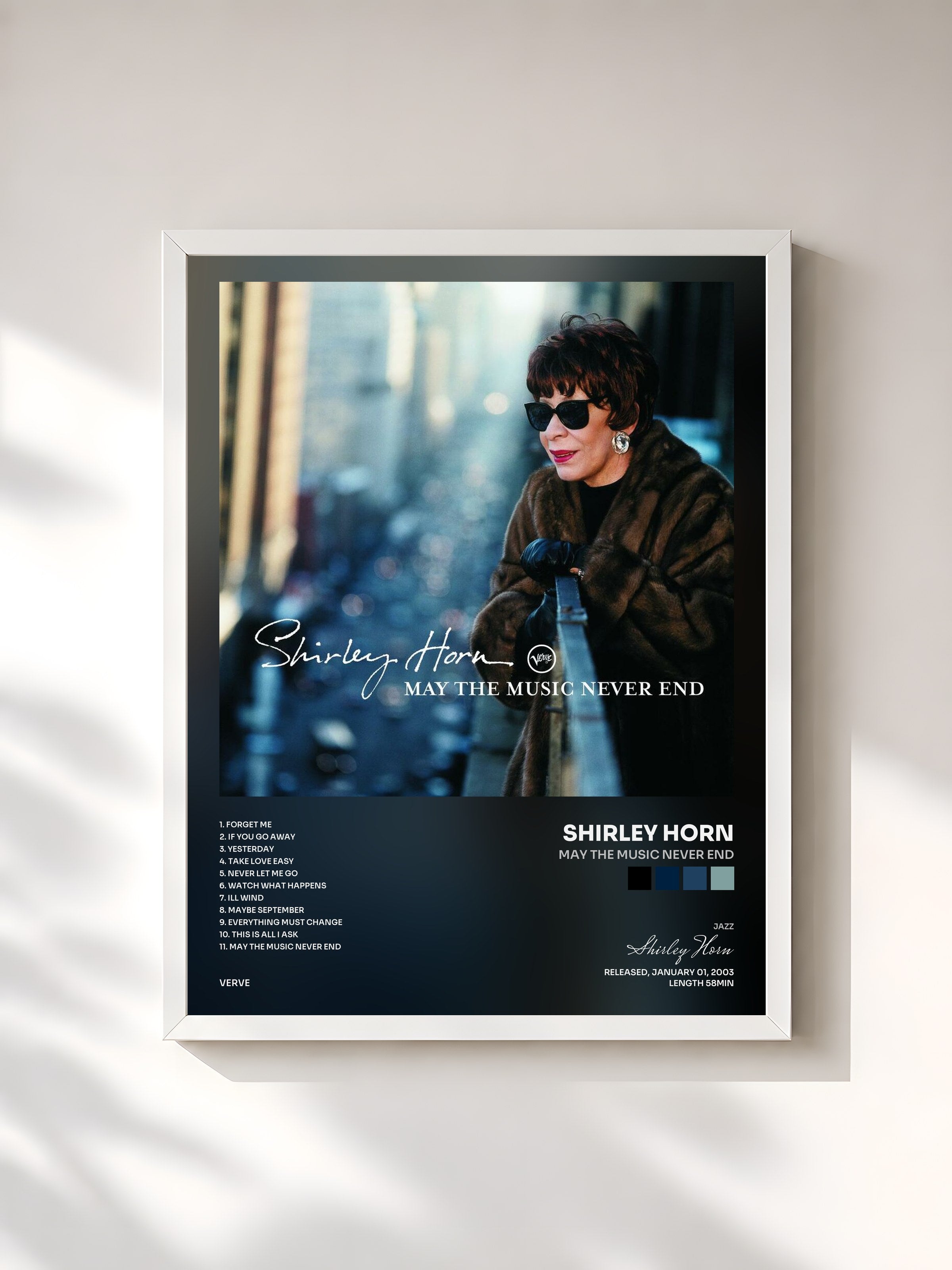 #blanc Tableau de l'album May The Music Never End de Shirley Horn, cadre blanc, imprimé et encadré en France