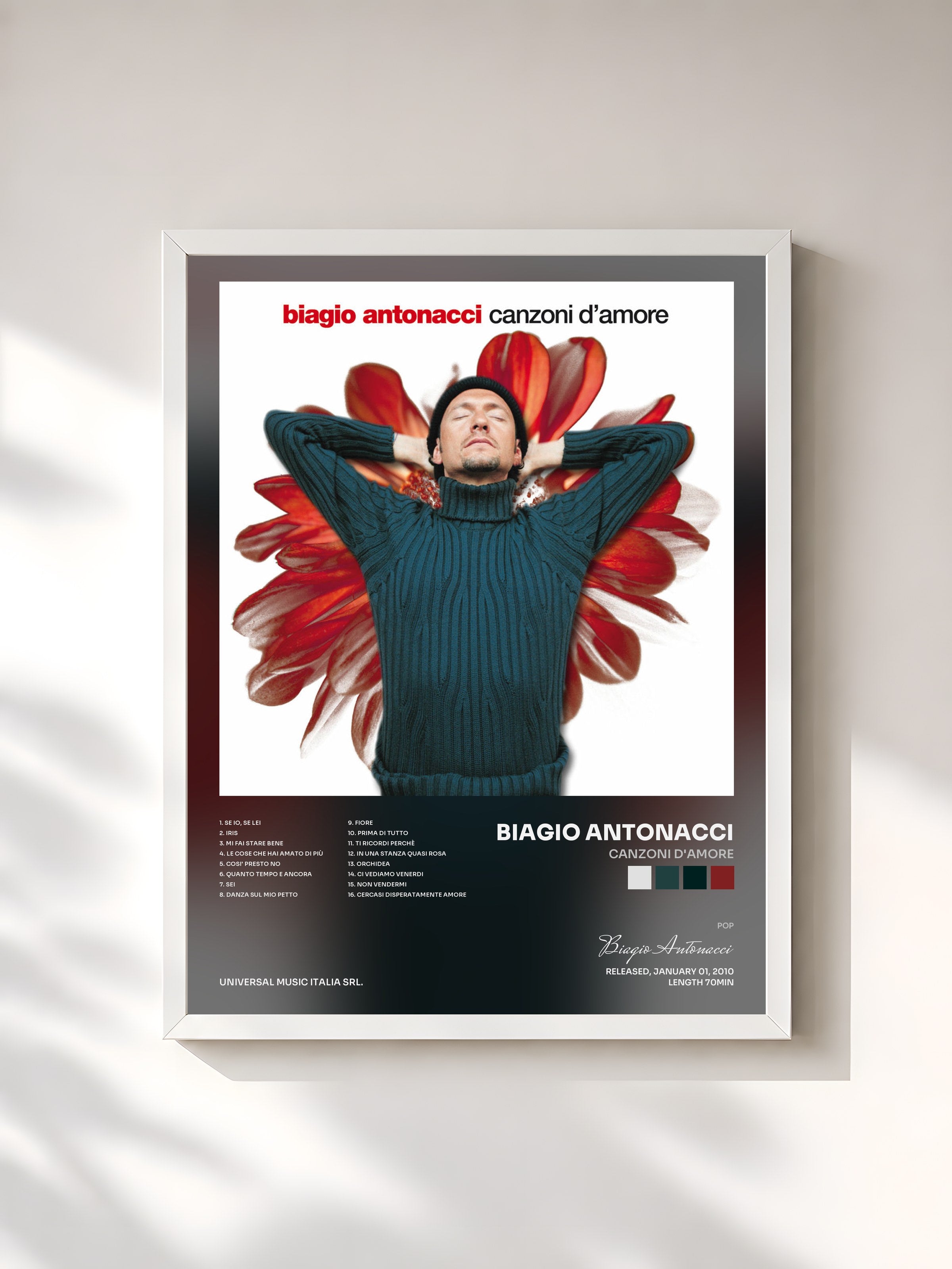 #blanc Tableau de l'album Canzoni D'Amore de Biagio Antonacci, cadre blanc, imprimé et encadré en France