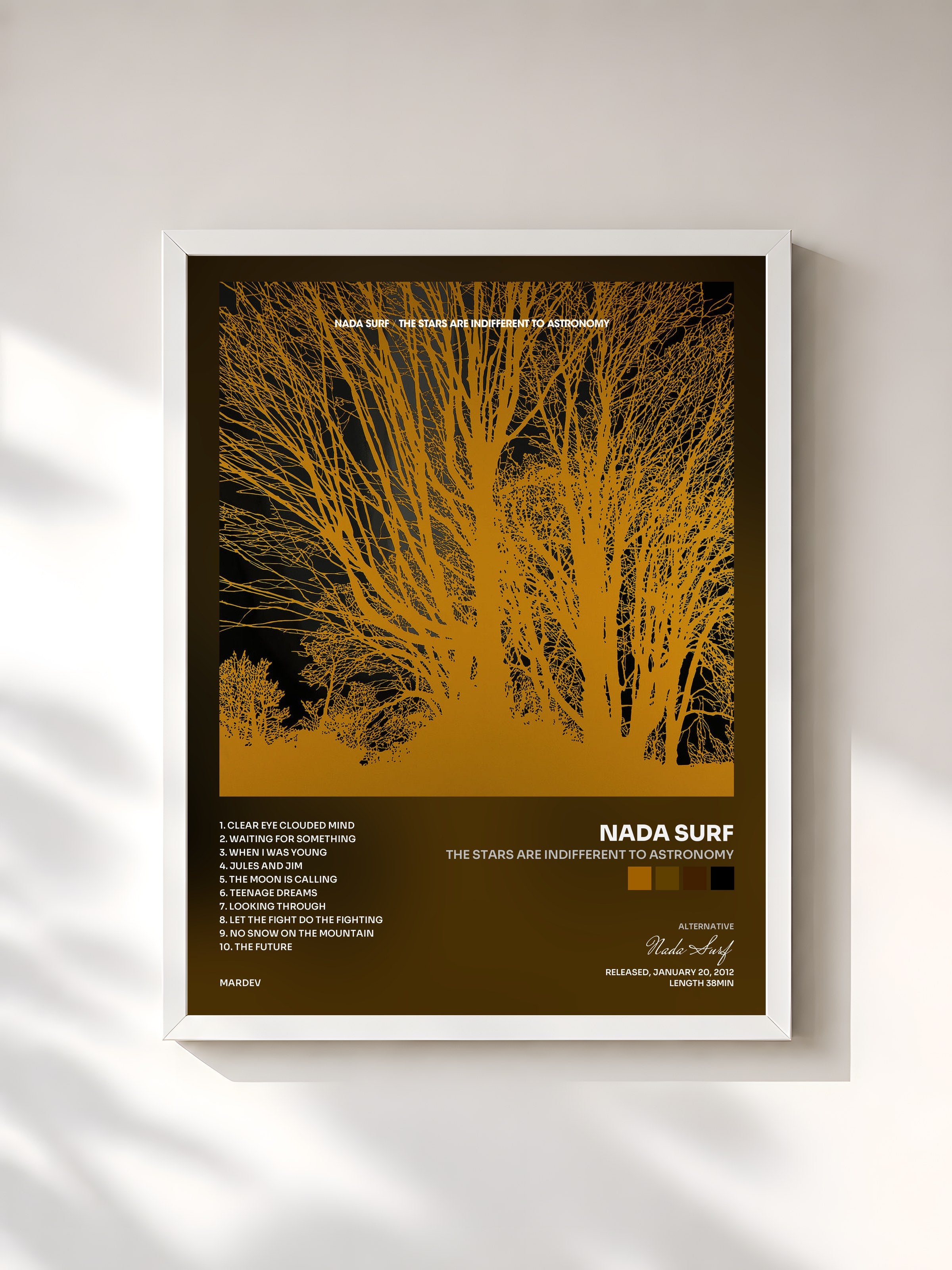 #blanc Tableau de l'album The Stars Are Indifferent to Astronomy de Nada Surf, cadre blanc, imprimé et encadré en France