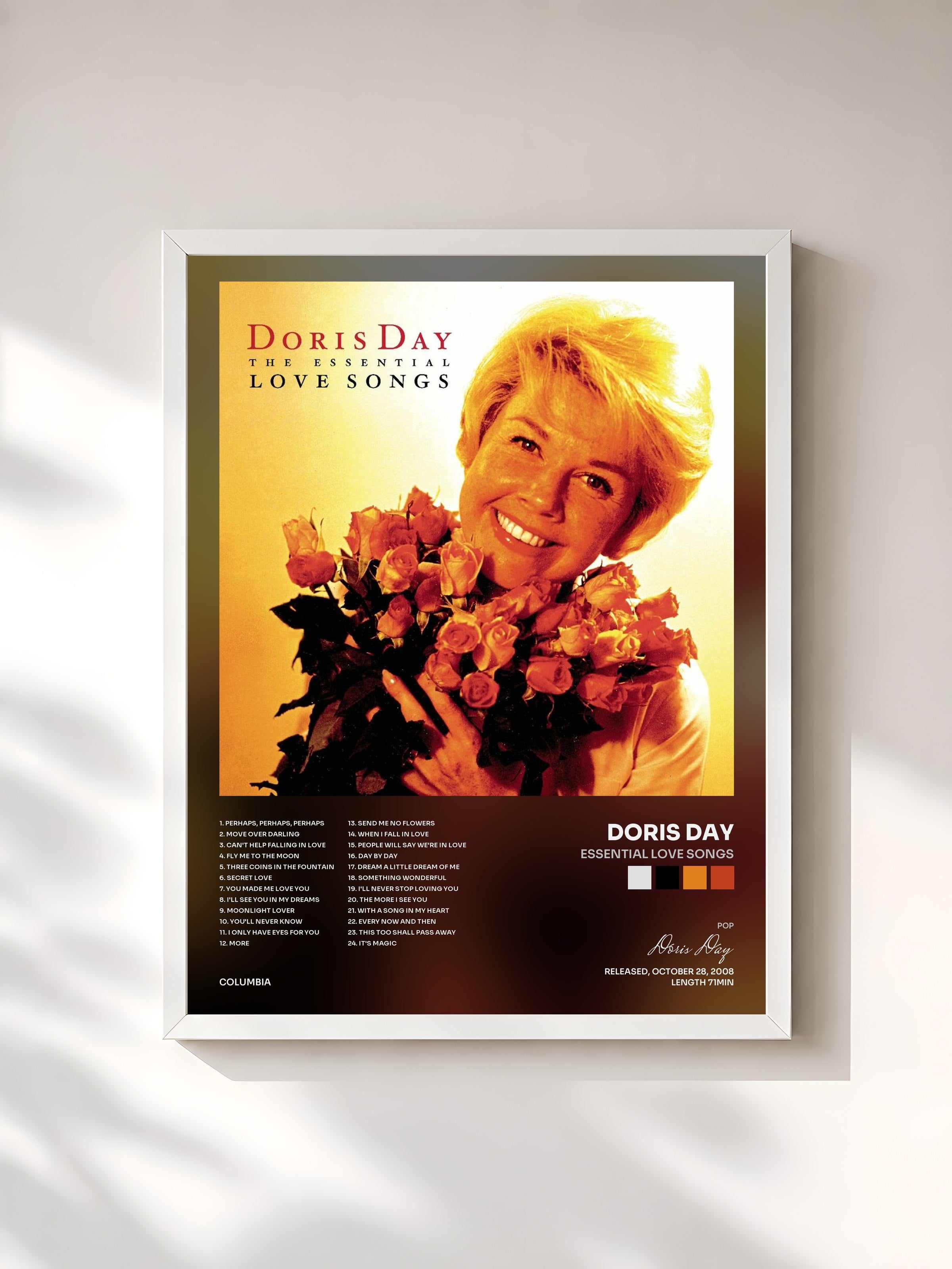 #blanc Tableau de l'album Essential Love Songs de Doris Day, cadre blanc, imprimé et encadré en France