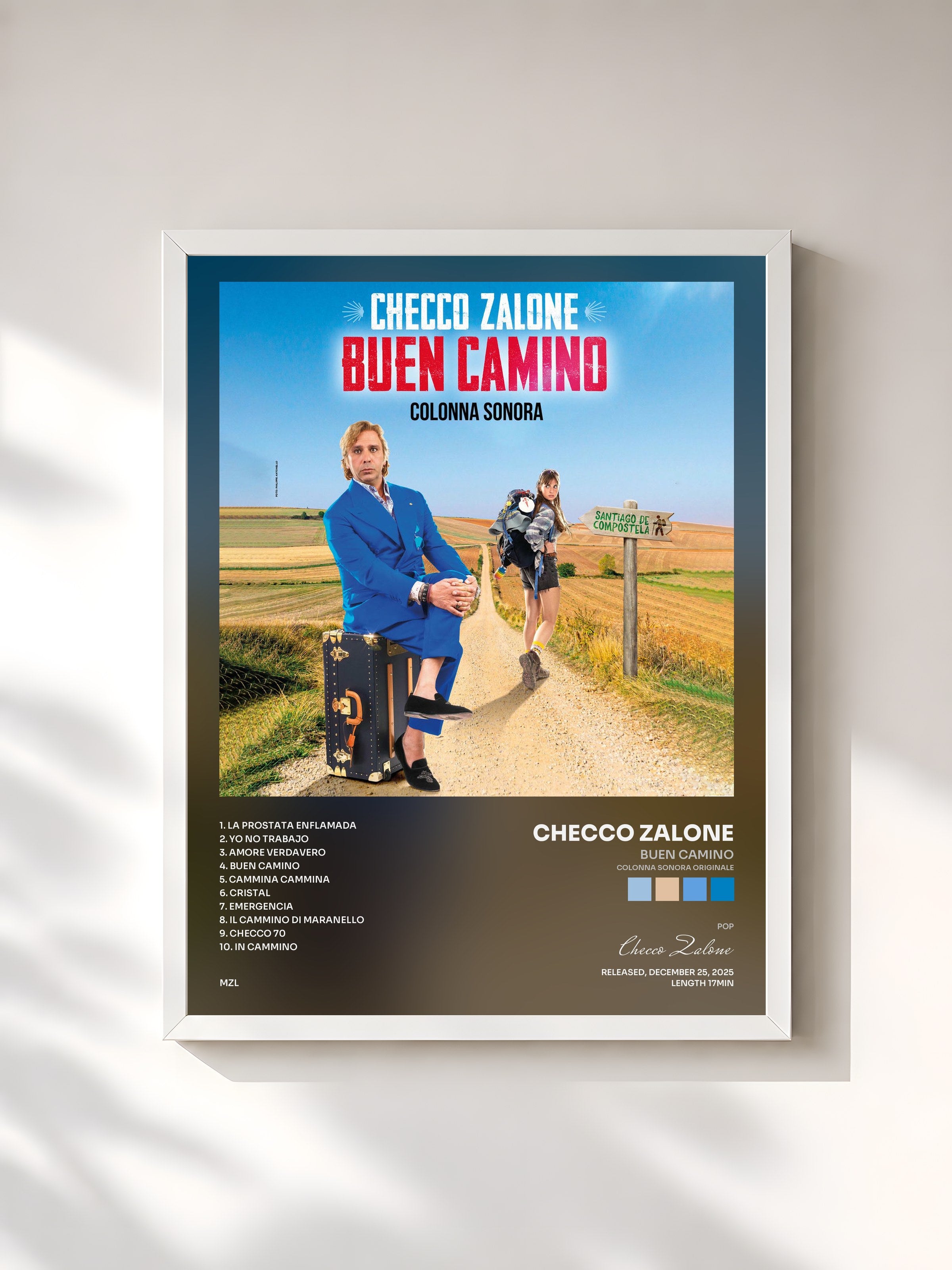 #blanc Tableau de l'album Buen Camino (Colonna Sonora Originale) de Checco Zalone, cadre blanc, imprimé et encadré en France