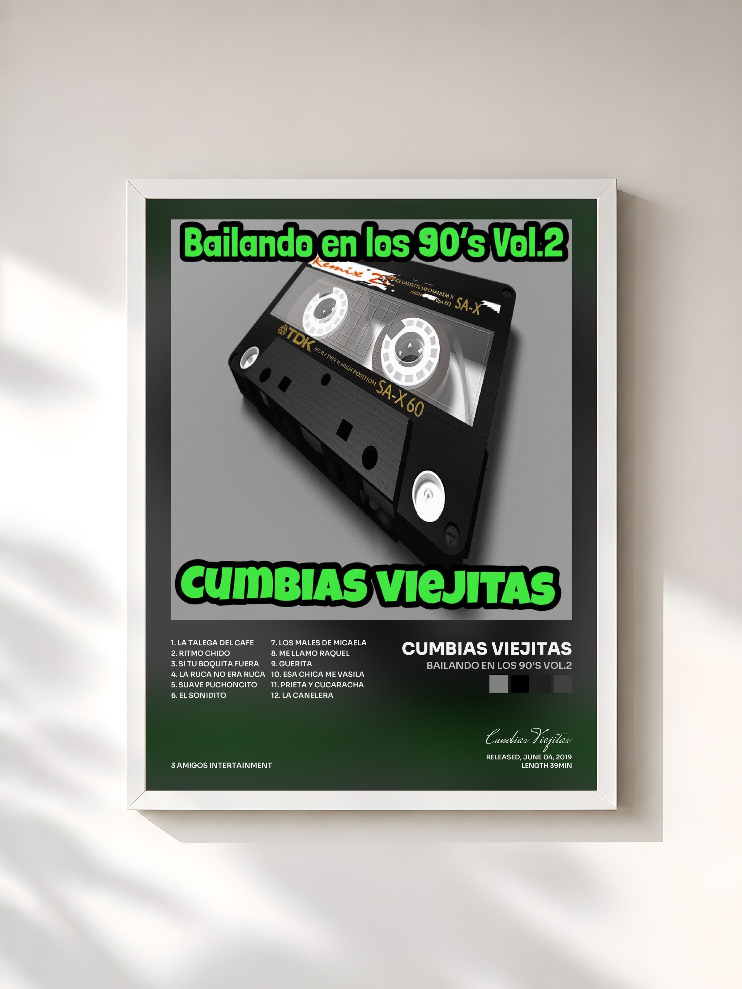 #blanc Tableau de l'album Bailando En Los 90's Vol.2 de Cumbias Viejitas, cadre blanc, imprimé et encadré en France
