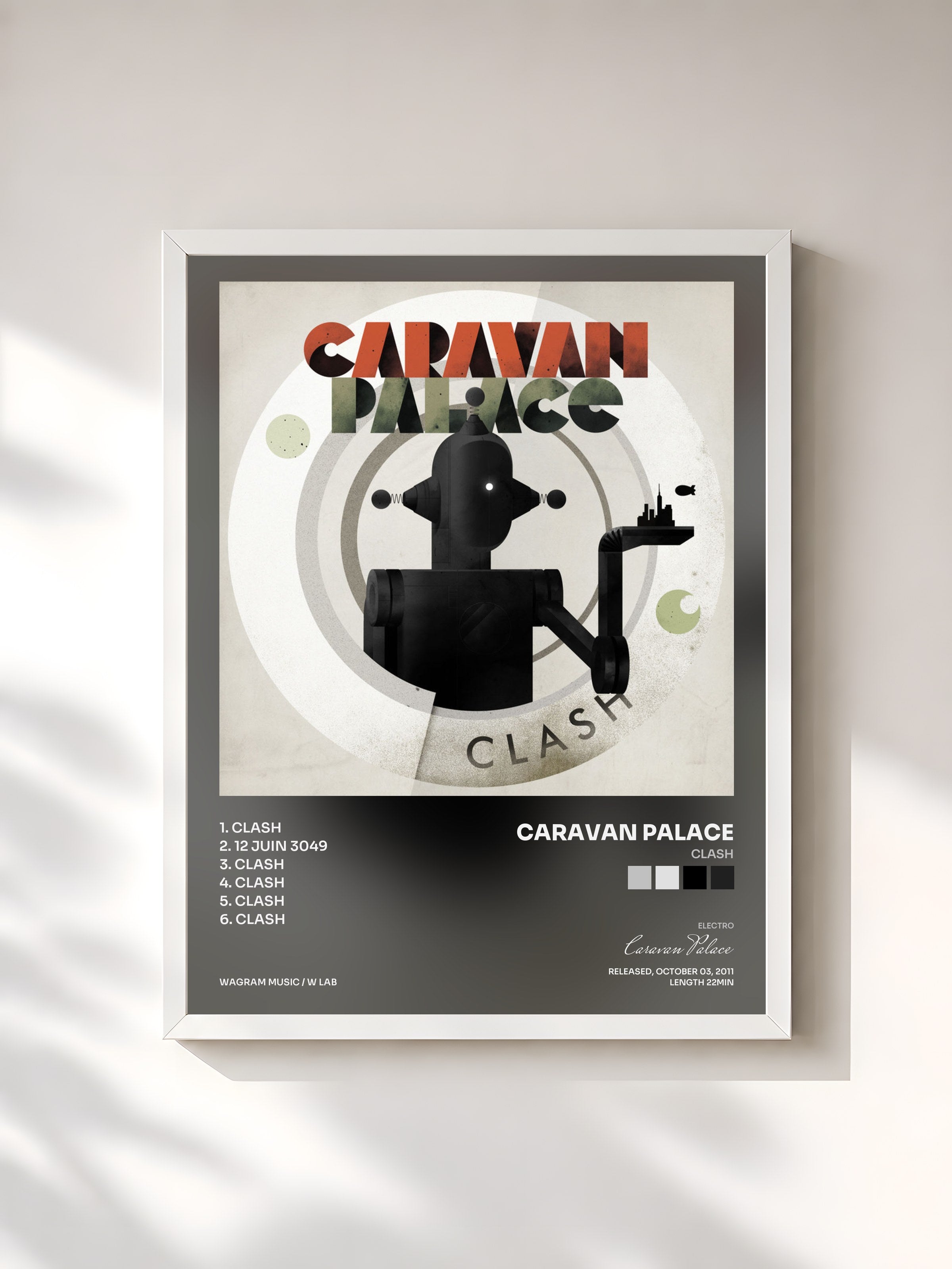 #blanc Tableau de l'album Clash de Caravan Palace, cadre blanc, imprimé et encadré en France