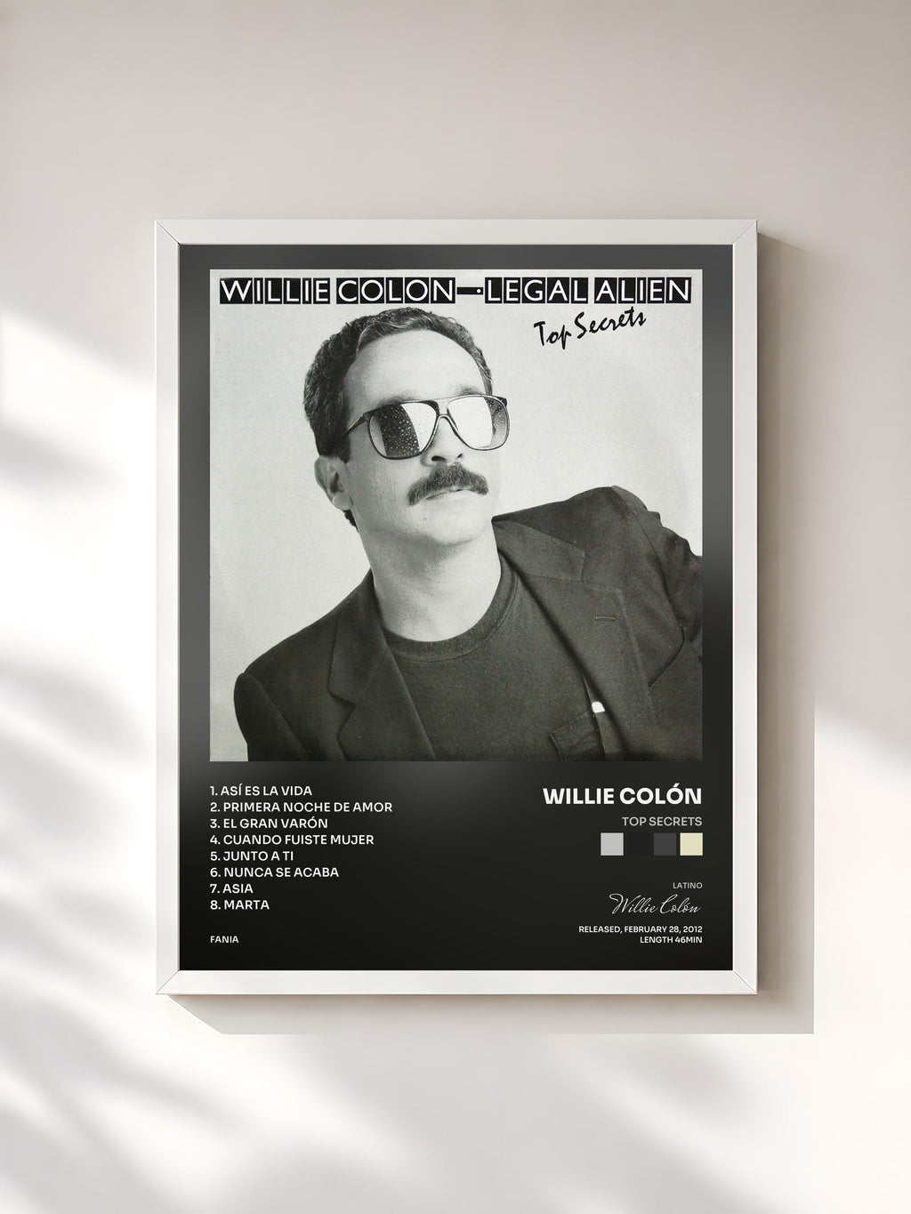 #blanc Tableau de l'album Top Secrets de Willie Colón, cadre blanc, imprimé et encadré en France