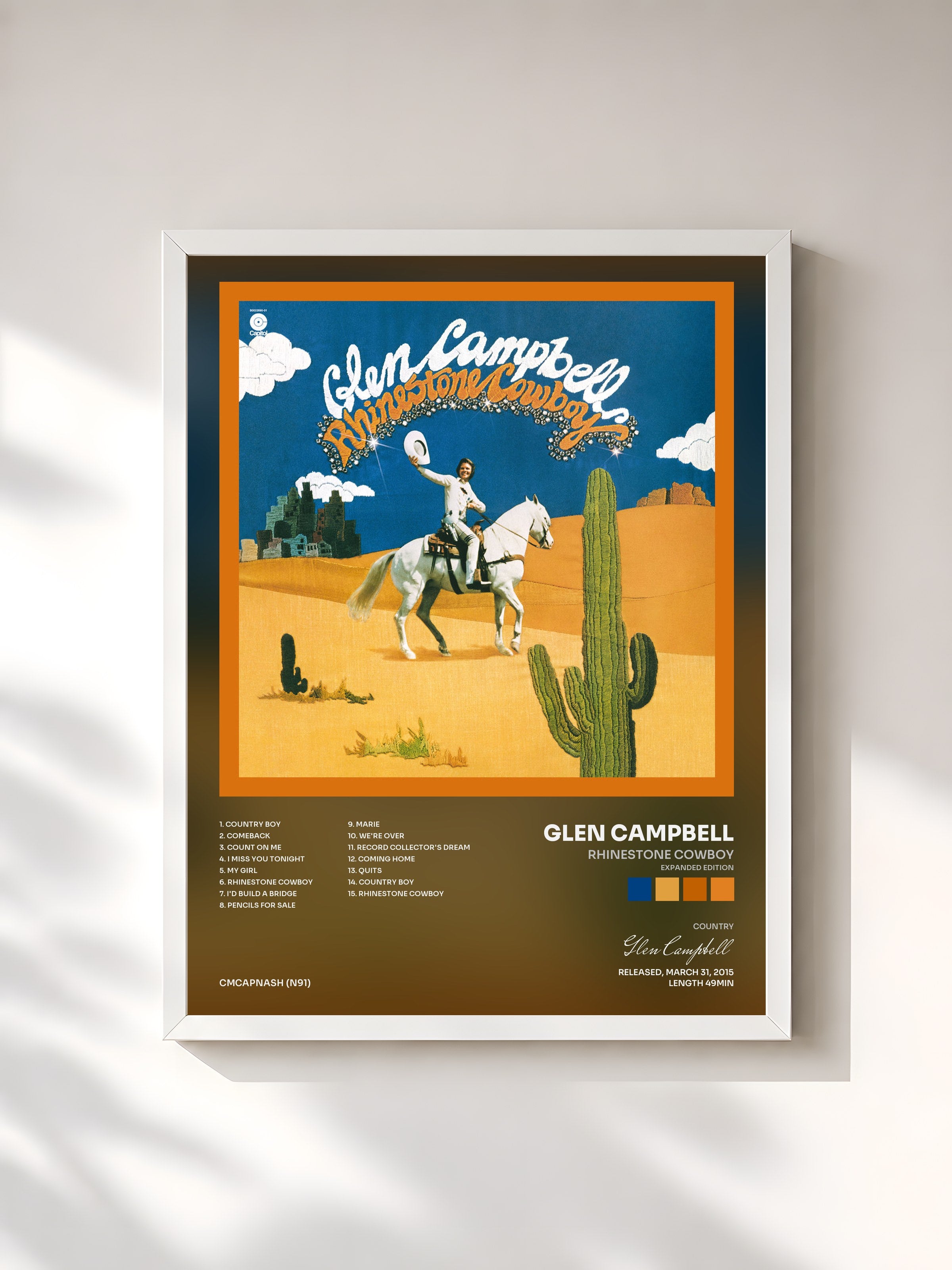 #blanc Tableau de l'album Rhinestone Cowboy (Expanded Edition) de Glen Campbell, cadre blanc, imprimé et encadré en France