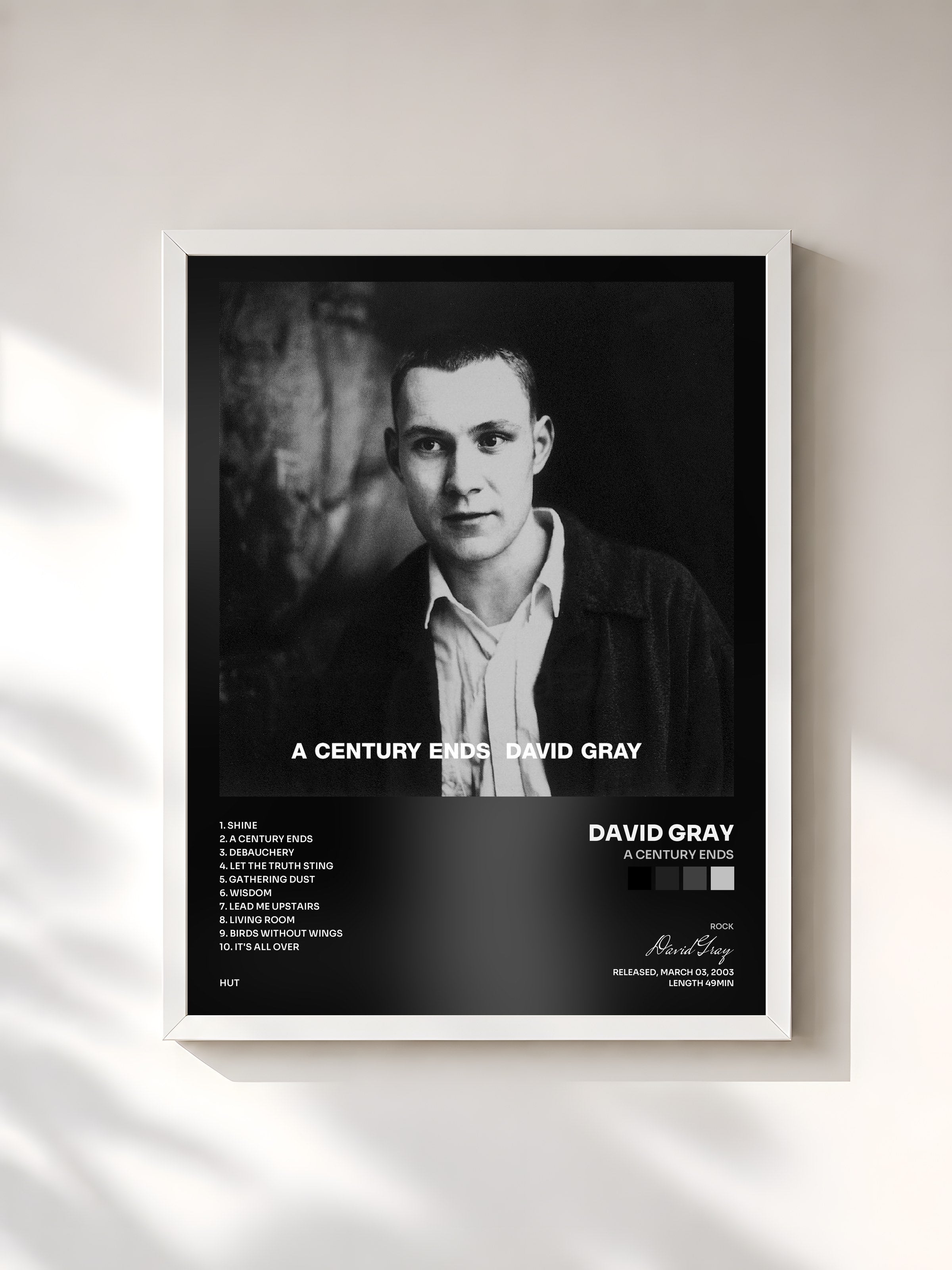 #blanc Tableau de l'album A Century Ends de David Gray, cadre blanc, imprimé et encadré en France