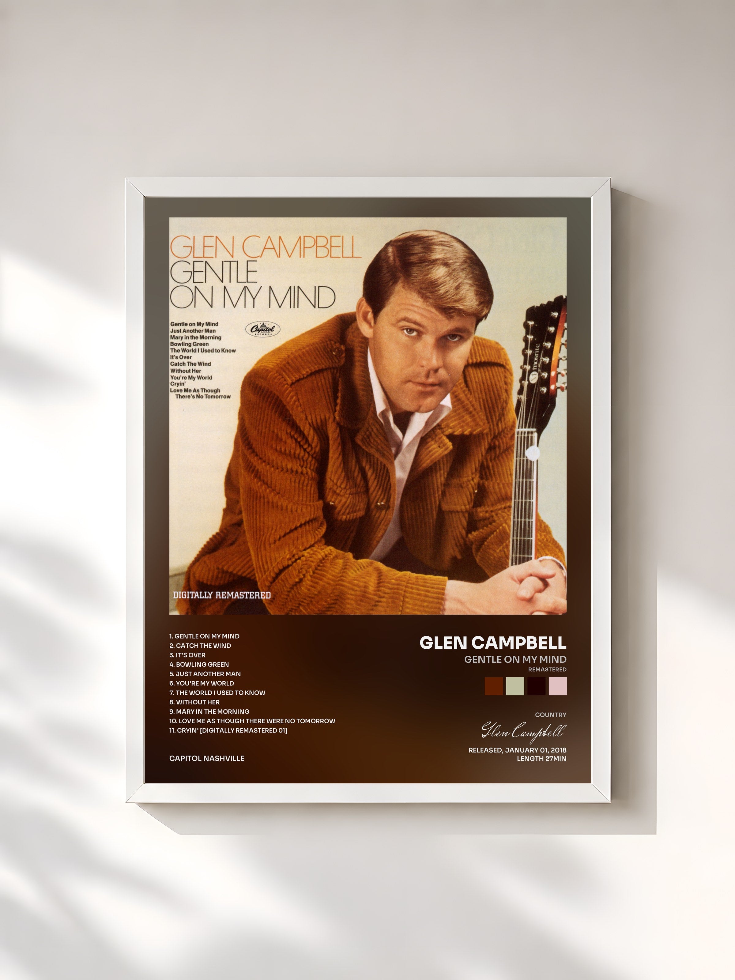 #blanc Tableau de l'album Gentle On My Mind (Remastered) de Glen Campbell, cadre blanc, imprimé et encadré en France