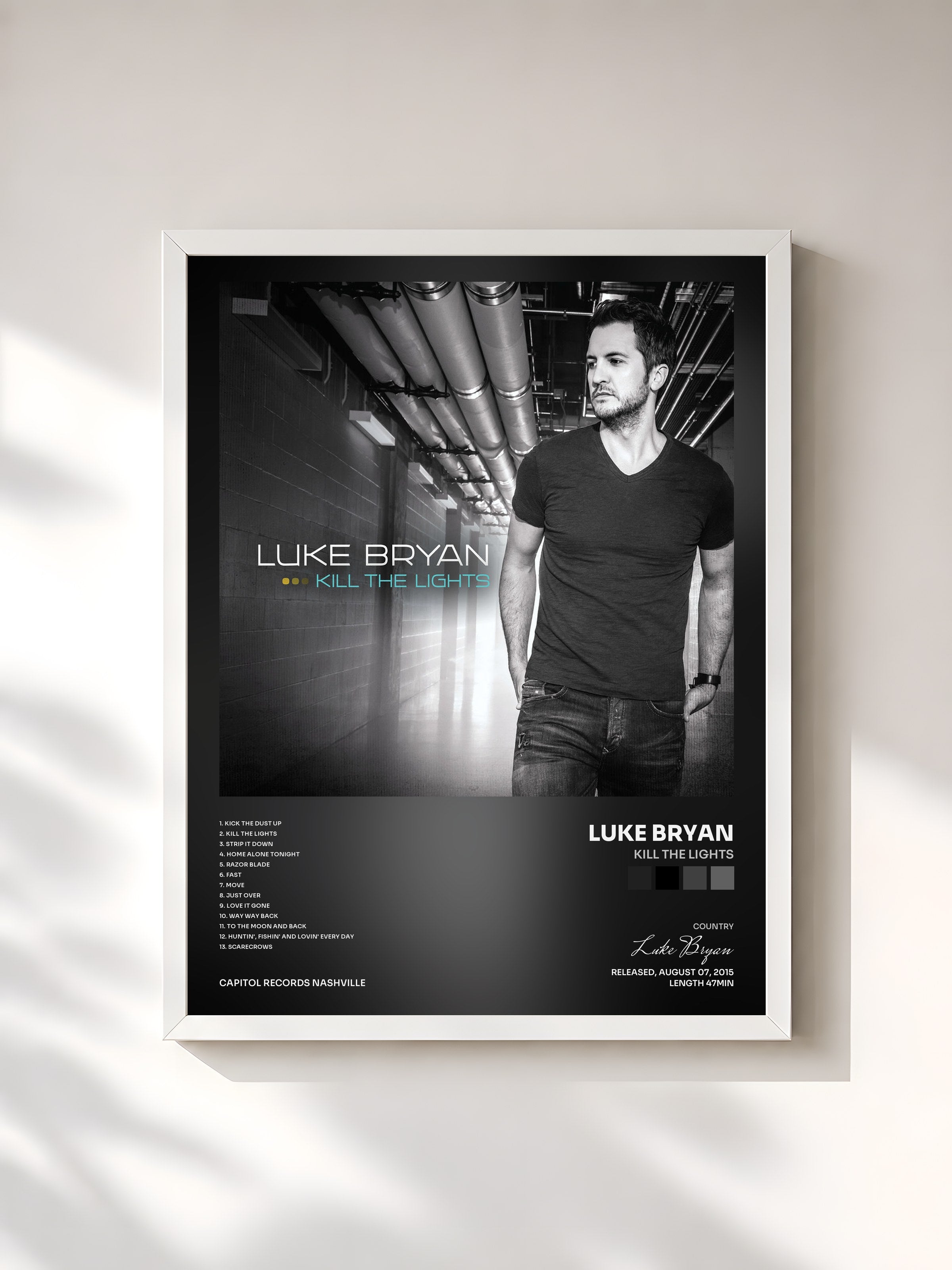 #blanc Tableau de l'album Kill The Lights de Luke Bryan, cadre blanc, imprimé et encadré en France