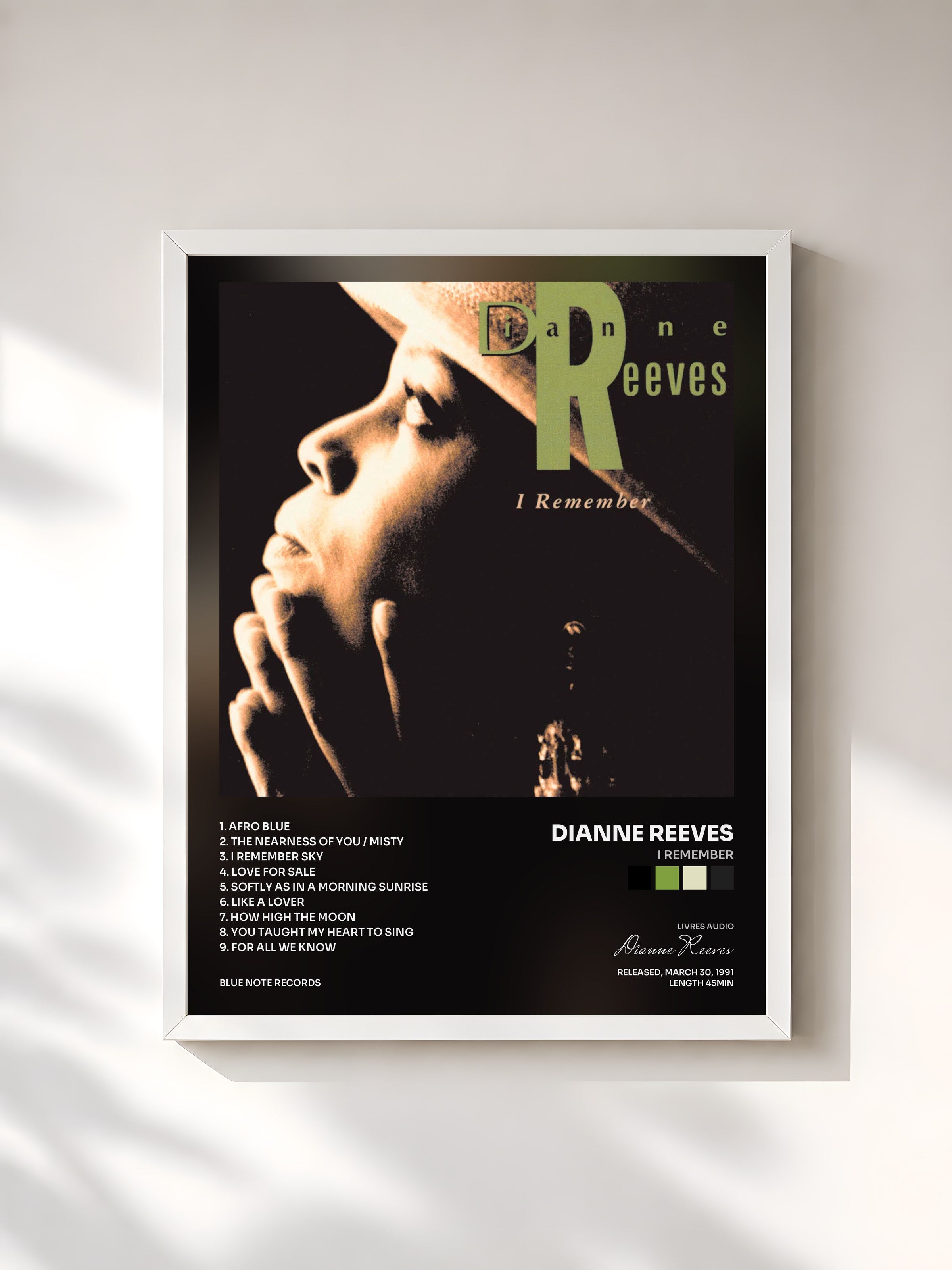 #blanc Tableau de l'album I Remember de Dianne Reeves, cadre blanc, imprimé et encadré en France