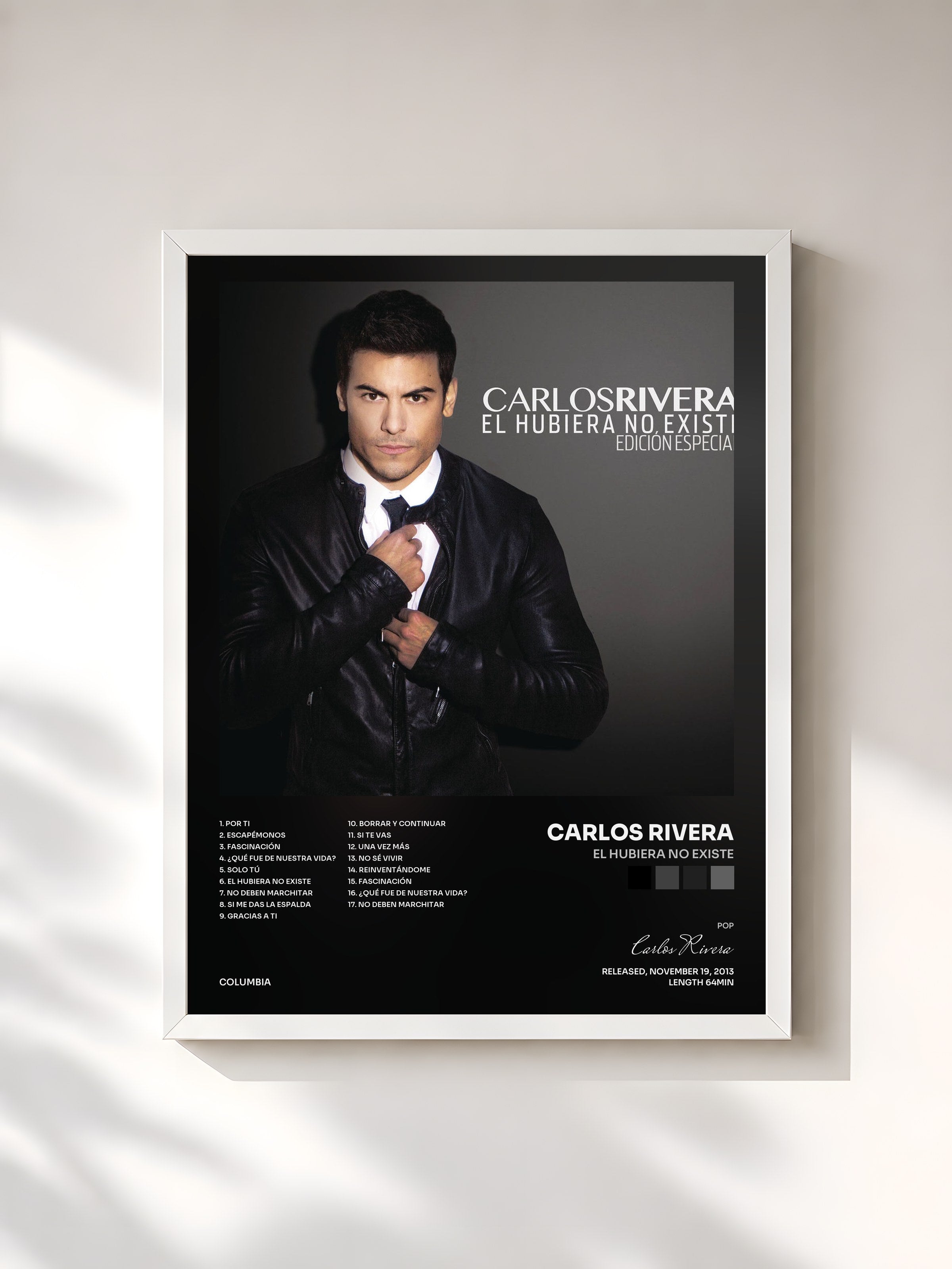 #blanc Tableau de l'album El Hubiera No Existe de Carlos Rivera, cadre blanc, imprimé et encadré en France