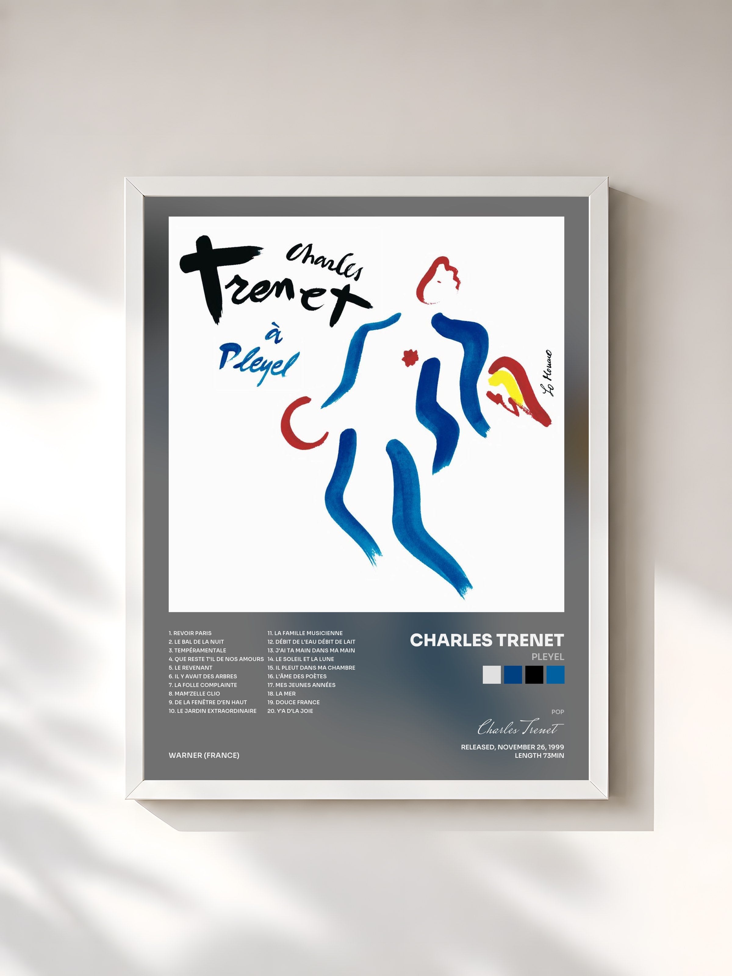 #blanc Tableau de l'album Pleyel de Charles Trenet, cadre blanc, imprimé et encadré en France