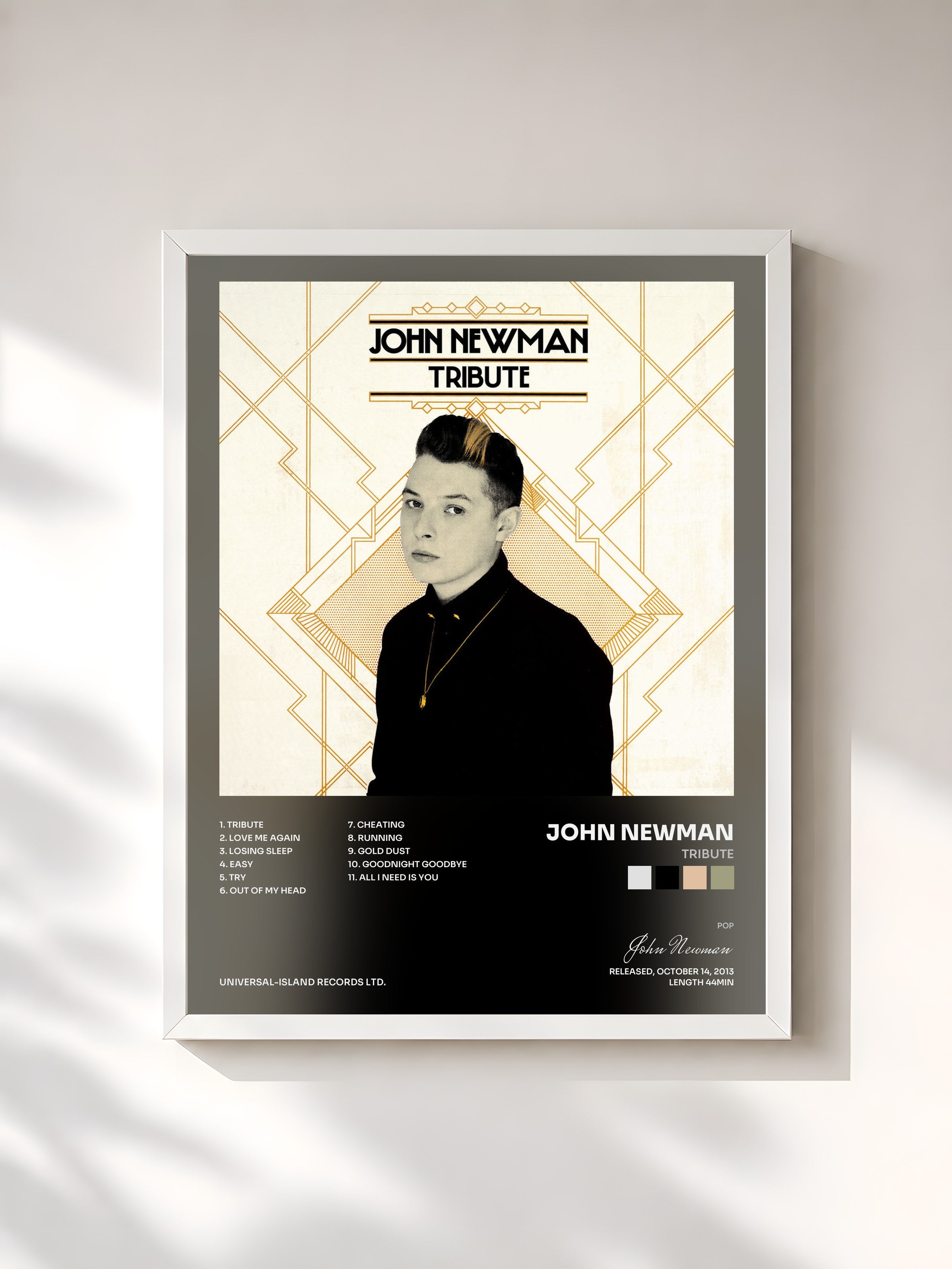 #blanc Tableau de l'album Tribute de John Newman, cadre blanc, imprimé et encadré en France