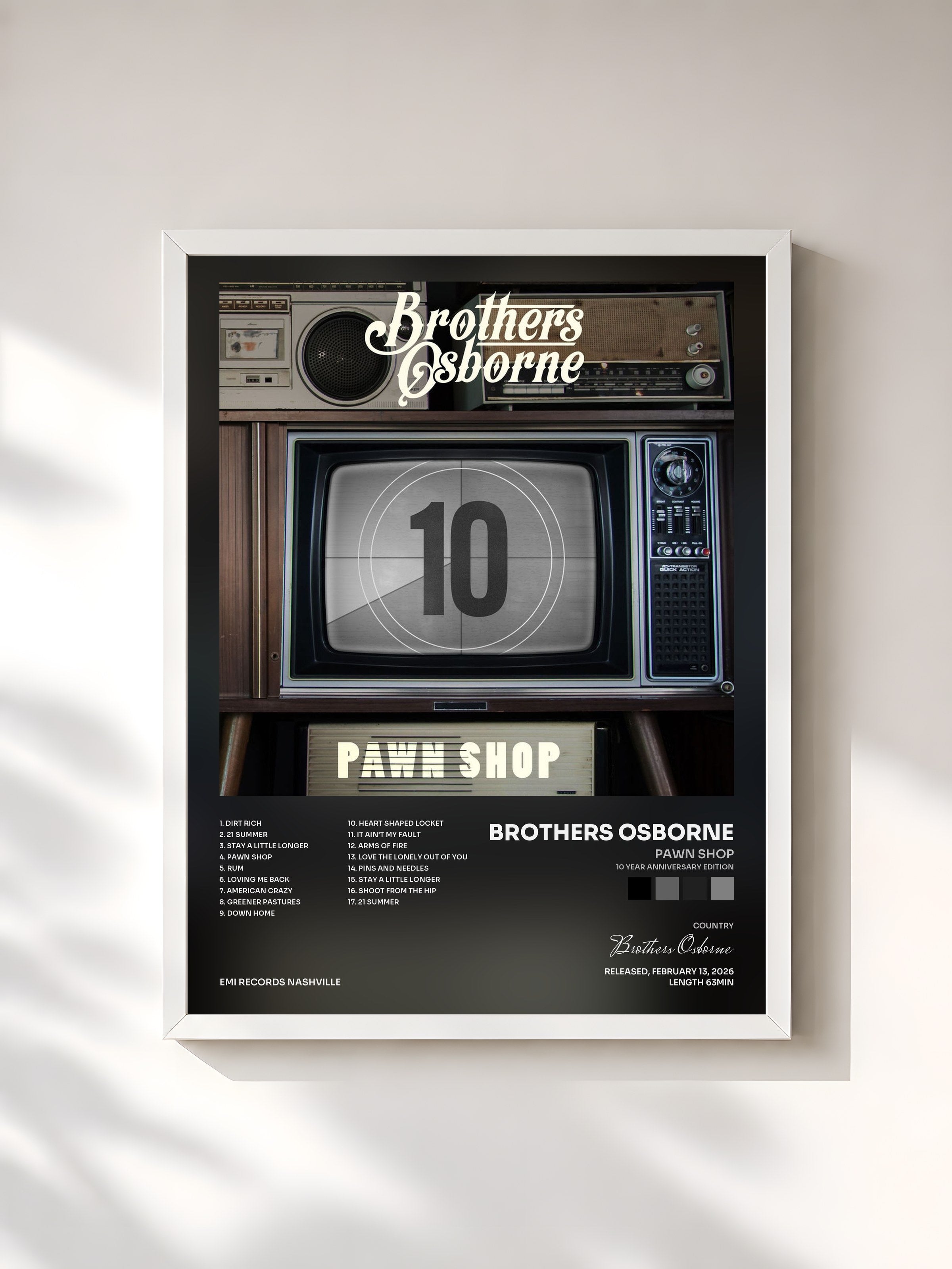 #blanc Tableau de l'album Pawn Shop (10 Year Anniversary Edition) de Brothers Osborne, cadre blanc, imprimé et encadré en France