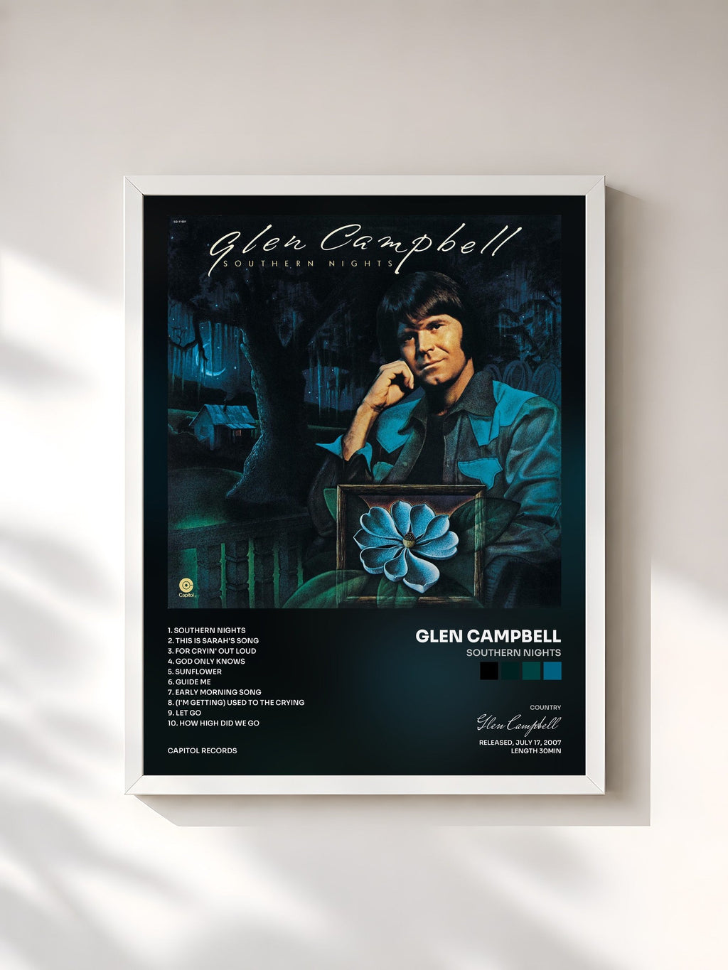 #blanc Southern Nights von Glen Campbell als gerahmter Kunstdruck, weißer Rahmen, gedruckt und gerahmt in Frankreich