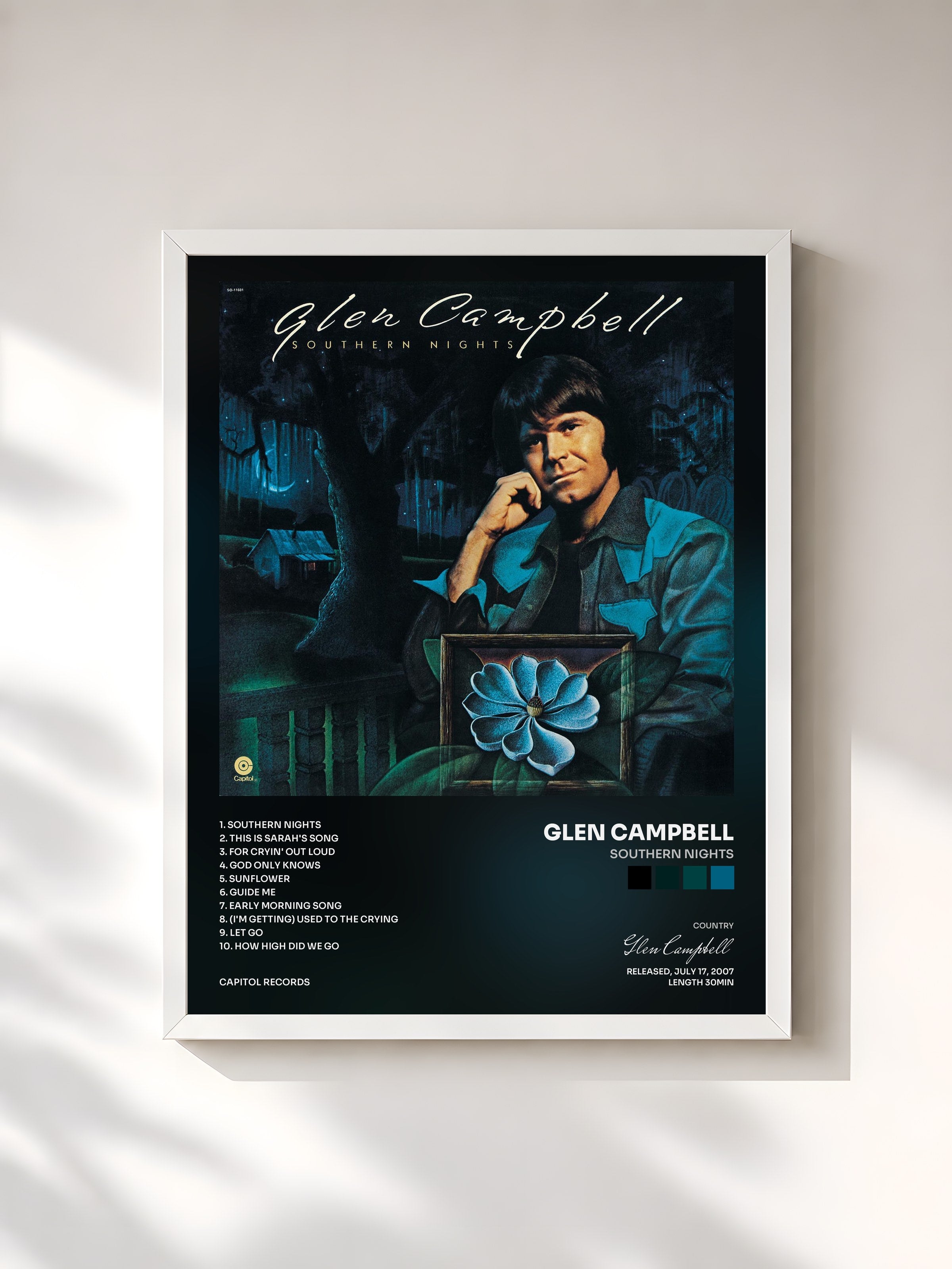 #blanc Tableau de l'album Southern Nights de Glen Campbell, cadre blanc, imprimé et encadré en France