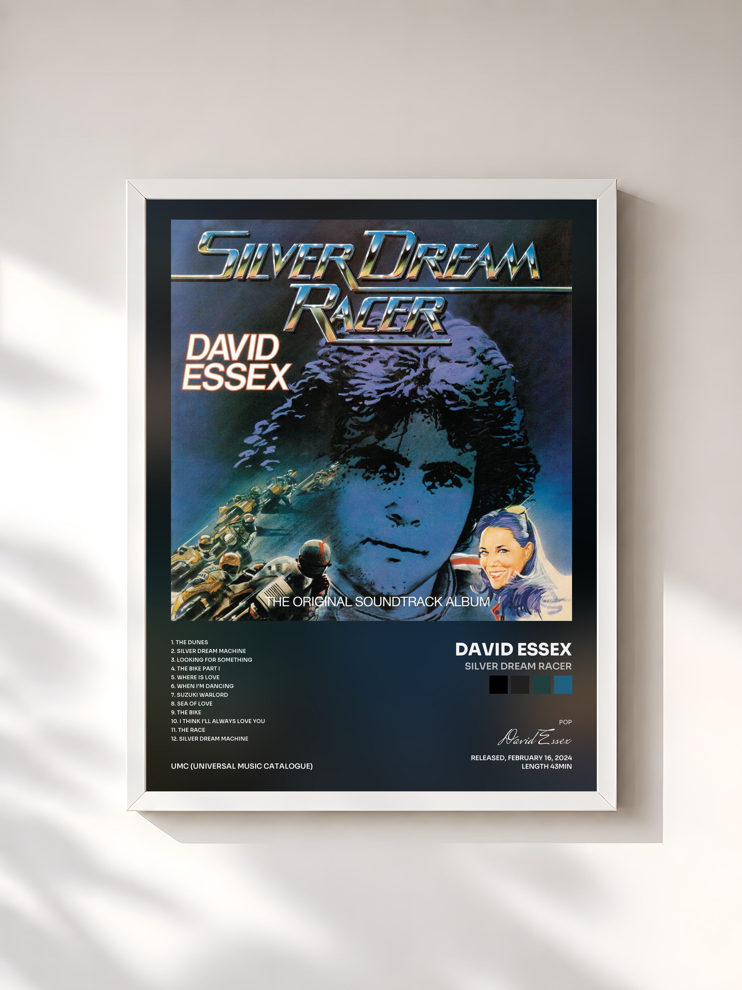 #blanc Tableau de l'album Silver Dream Racer de David Essex, cadre blanc, imprimé et encadré en France