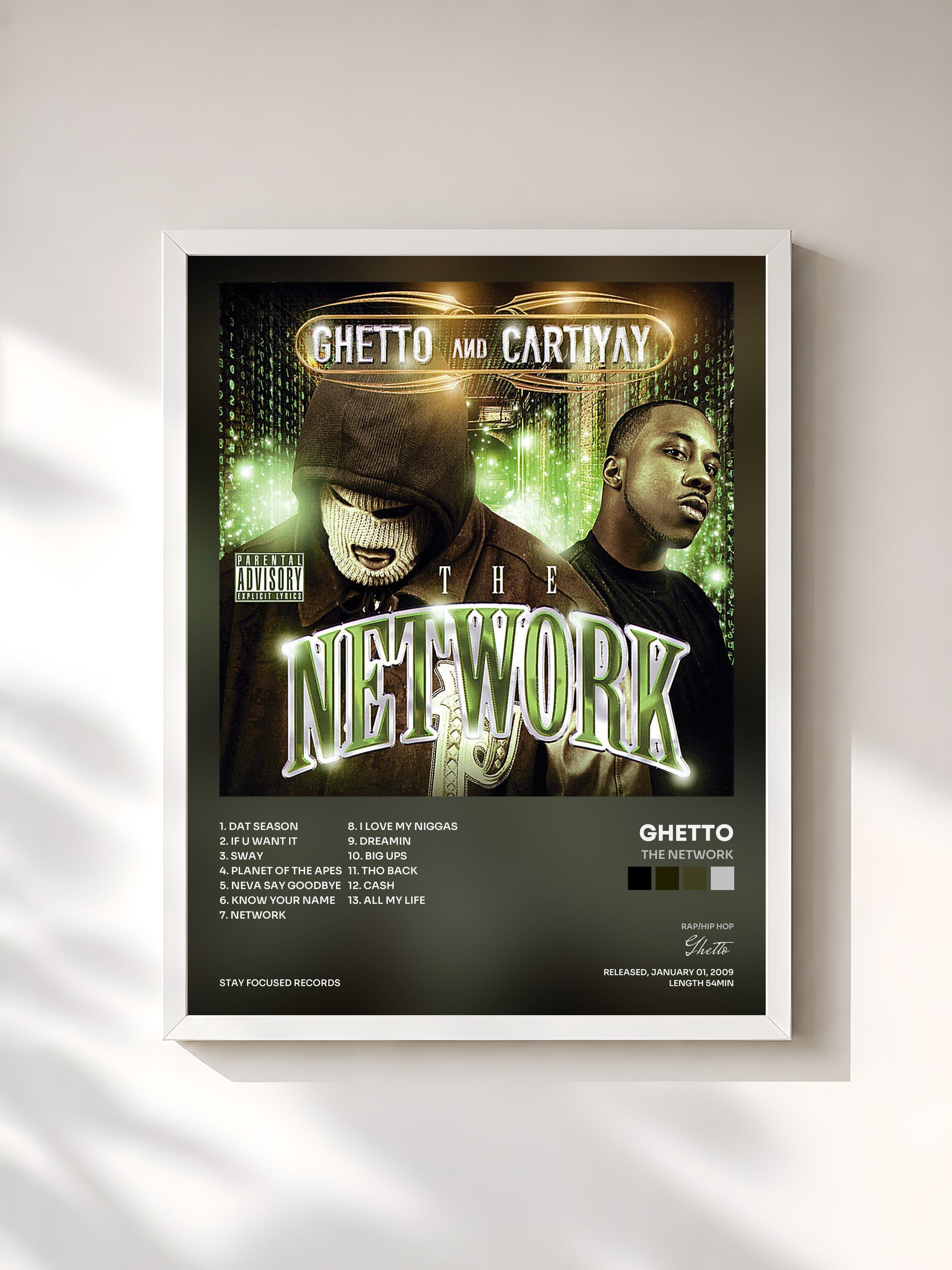 #blanc Tableau de l'album The Network de Ghetto, cadre blanc, imprimé et encadré en France
